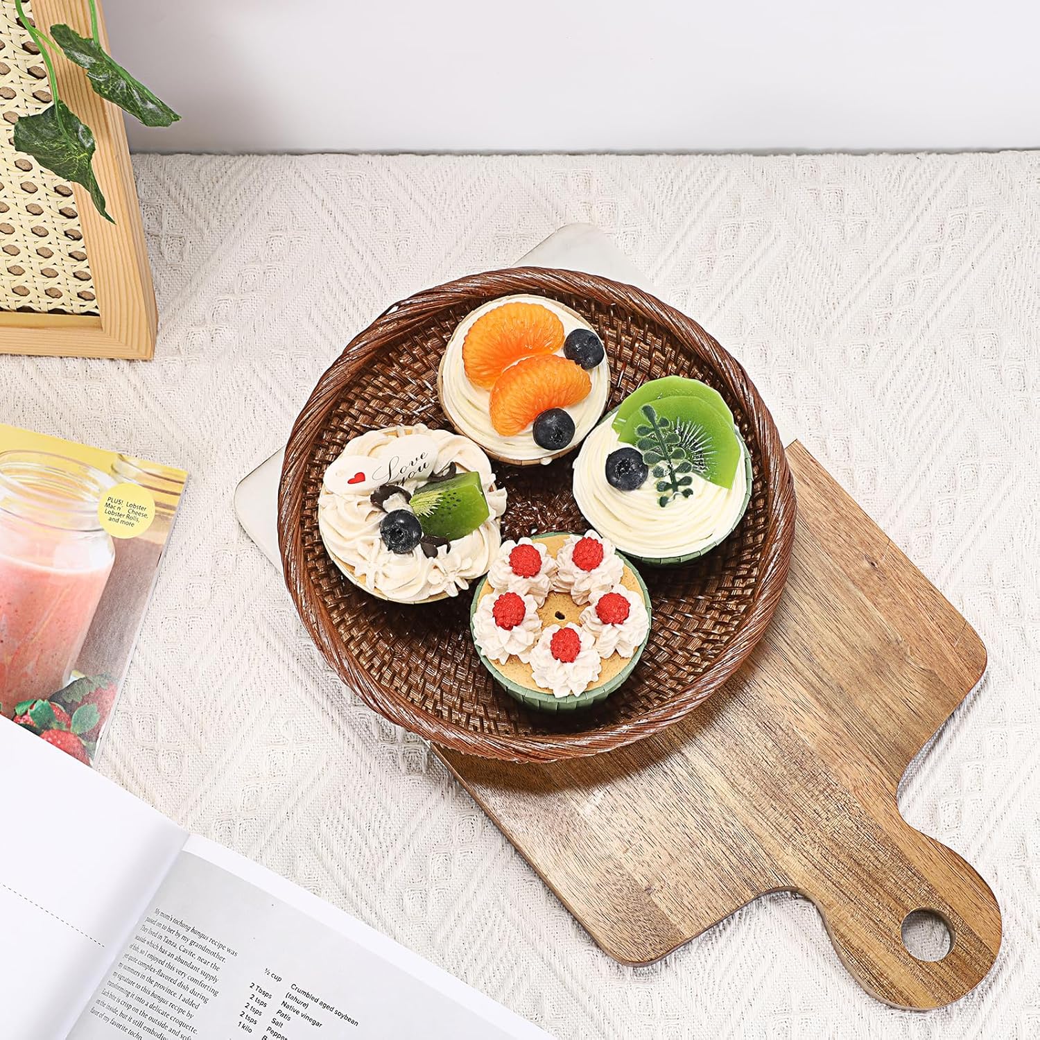 Hipiwe Cesta pequeña para llaves para entrada, cesta redonda de mimbre tejida de 7.6 pulgadas, bandeja para servir frutas, cesta tejida para