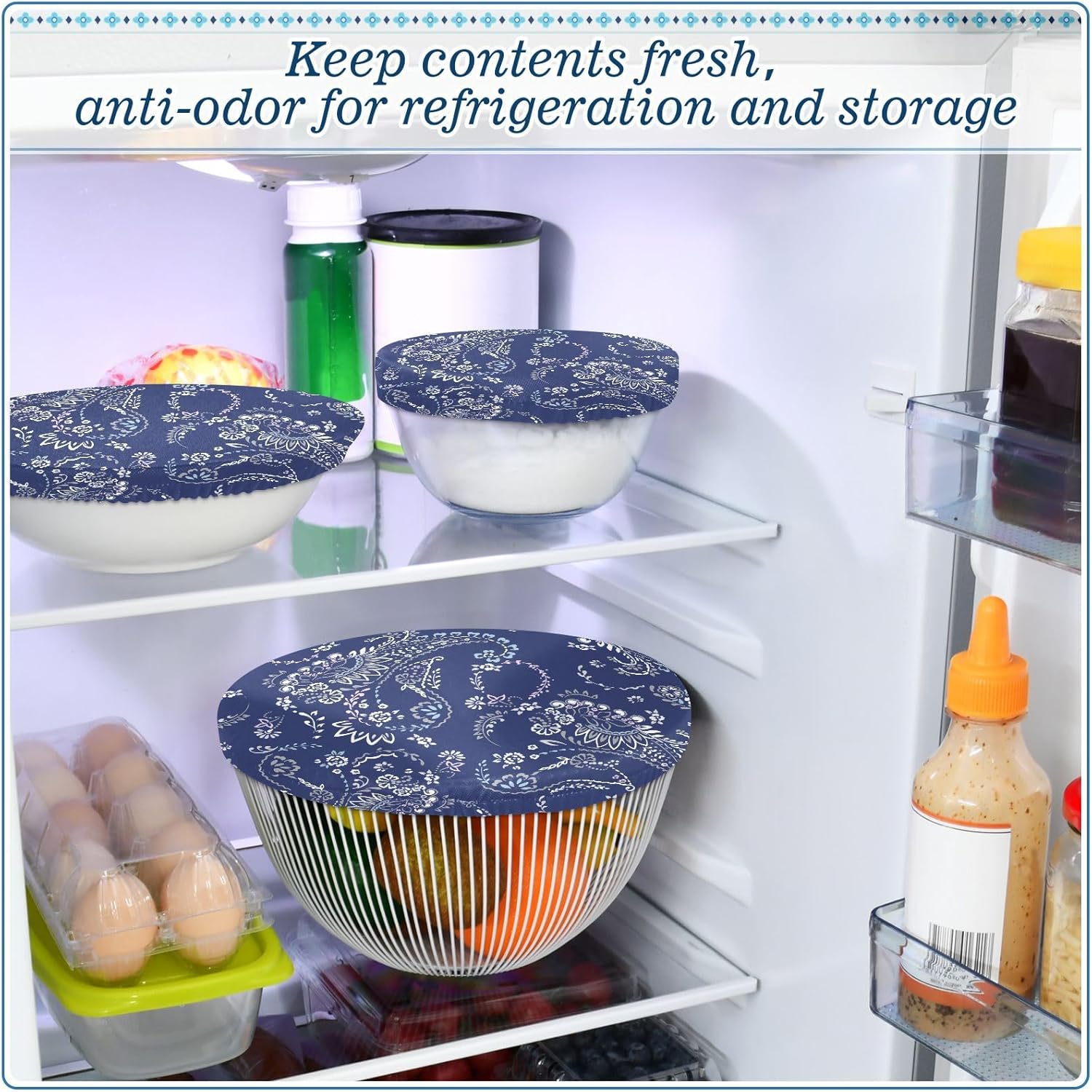 Asian Style 5PCS Reusable Elastic Bowl Covers for Food Storage Stretch Cloth Fabric Lids with 5 Different Sizes Heat Resistant Food Lids for Bread