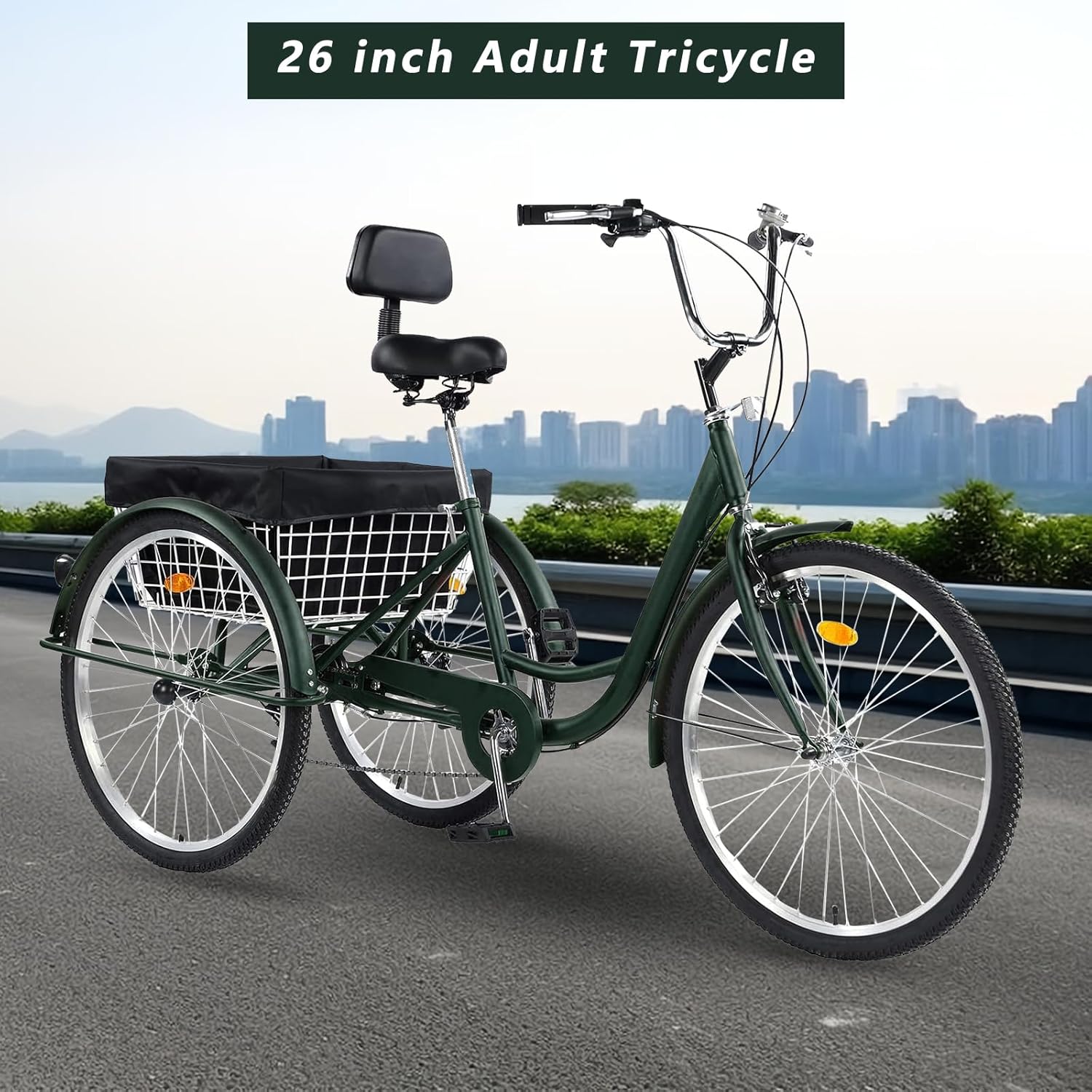 26 inch Adult Tricycle, 7 Speed 3 Wheel Bike for Women Men Seniors, Cruise Trike Bike with Shopping Basket & Lock, Adjustable Seat, Multiple Colors