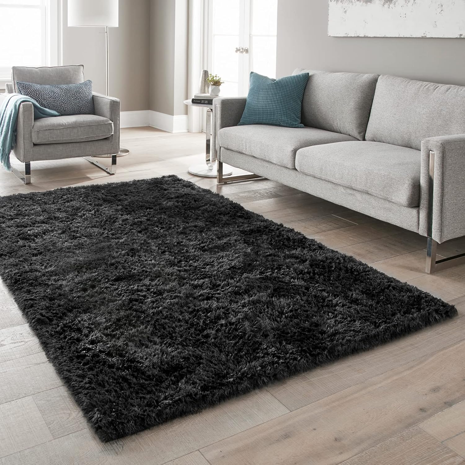 Ophanie Alfombra negra de 5 x 7 pies para sala de estar, alfombra mullida y peluda, alfombras para dormitorio, felpa suave, grande, decoración del