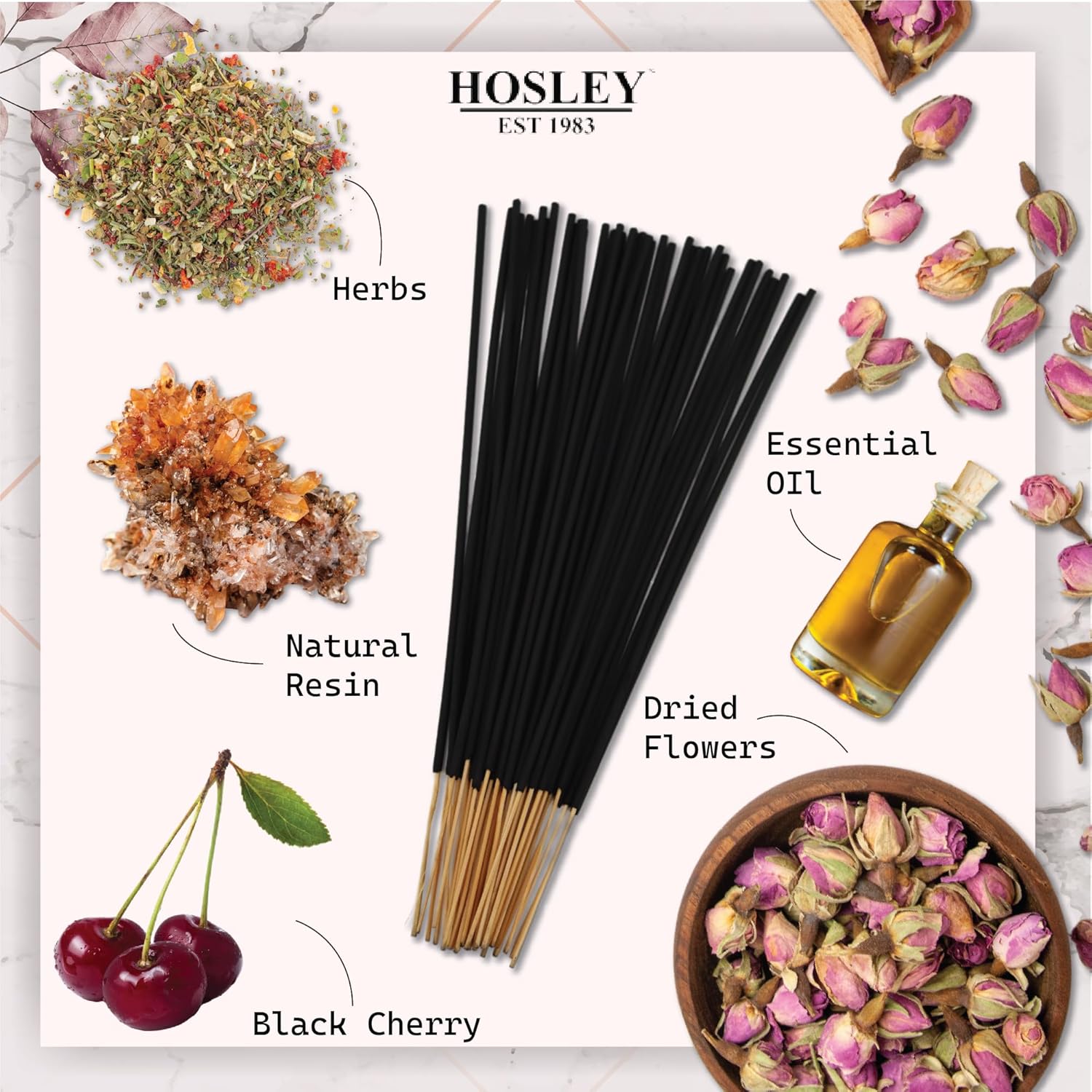 Hosley Varillas de incienso con fragancia de cereza negra, infusión de aceites esenciales para aromaterapia de larga duración, relajación holística
