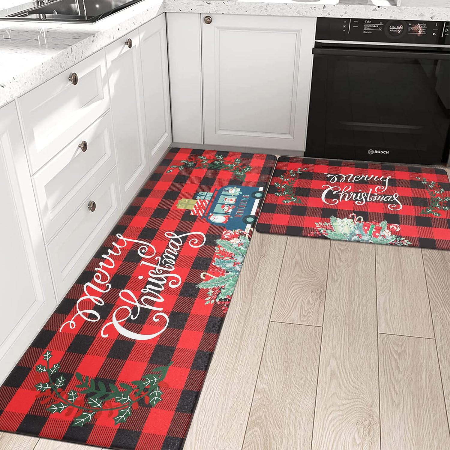 Pauwer Juego de 2 alfombras de cocina con texto en inglés “Merry Christmas”, tapetes de cocina con diseño de búfalo rojo, antideslizantes,