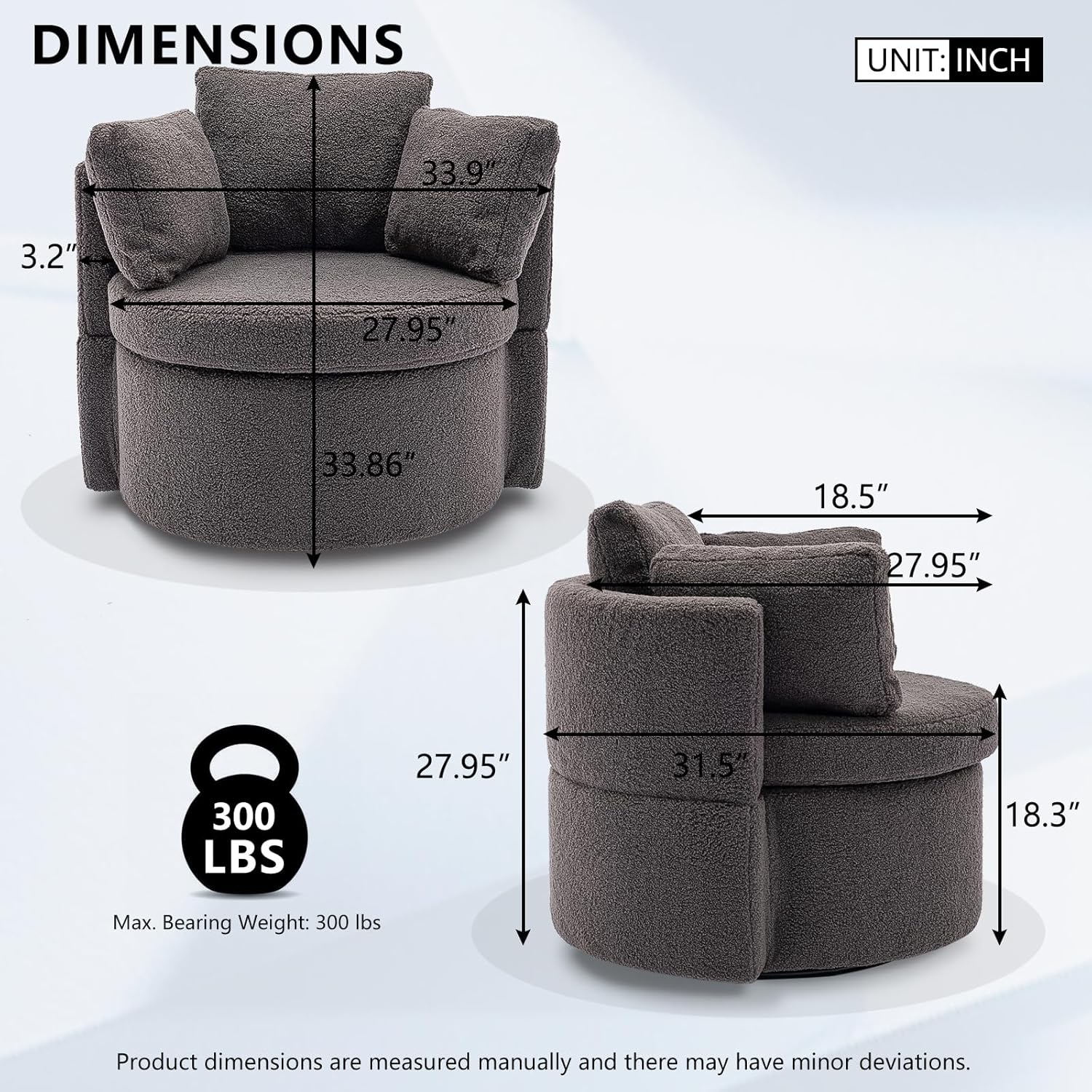 Silla giratoria con diseño de barril de acento moderno, tapizado, de gran tamaño, para sala de estar, club, ocio, silla redonda con 3 almohadas para