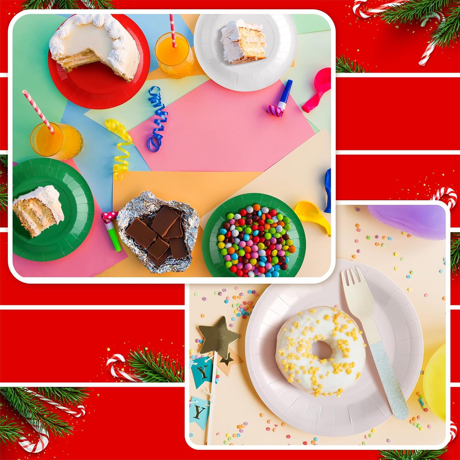 Tioncy 180 platos rojos, blancos y verdes, platos de papel desechables de Navidad, platos de papel de postre, platos de cena a granel, decoración de
