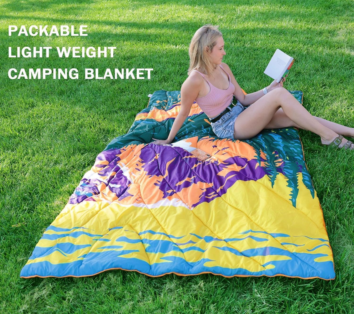 Bedvcaty Manta de camping, manta de viaje impermeable acolchada, cálida y acogedora manta de pícnic, para exteriores, viajes y montaña (Montaña, 55