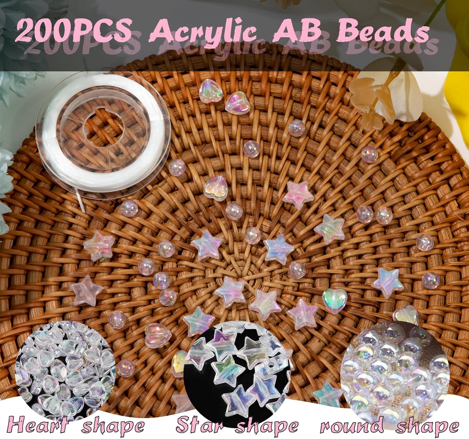 200 cuentas redondas de acrílico, cuentas de corazón y cuentas de estrella para hacer joyas, pulseras, collares, aretes, llaveros, accesorios,
