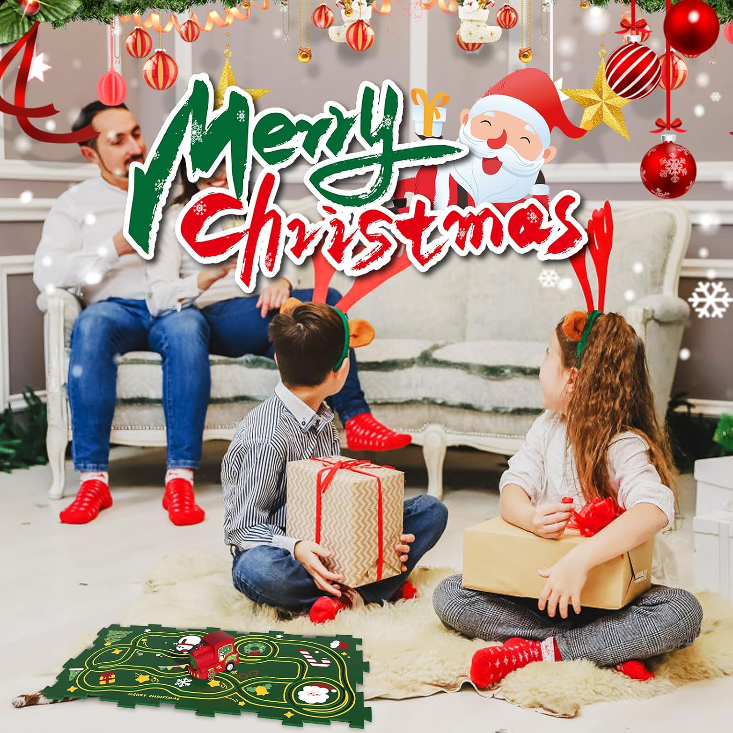 Juego de rompecabezas educativo para niños, serie de Navidad, ensamblaje de bricolaje con carril para niños a partir de 3 años (13 piezas)