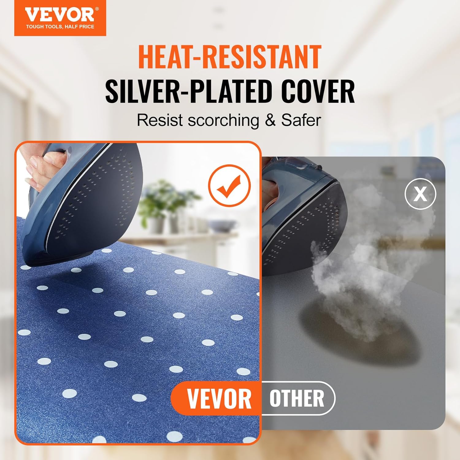 VEVOR Tabla de planchar con bandeja de almacenamiento inferior, tabla de hierro gruesa de 4 capas con cubierta resistente al calor y cubierta 100%