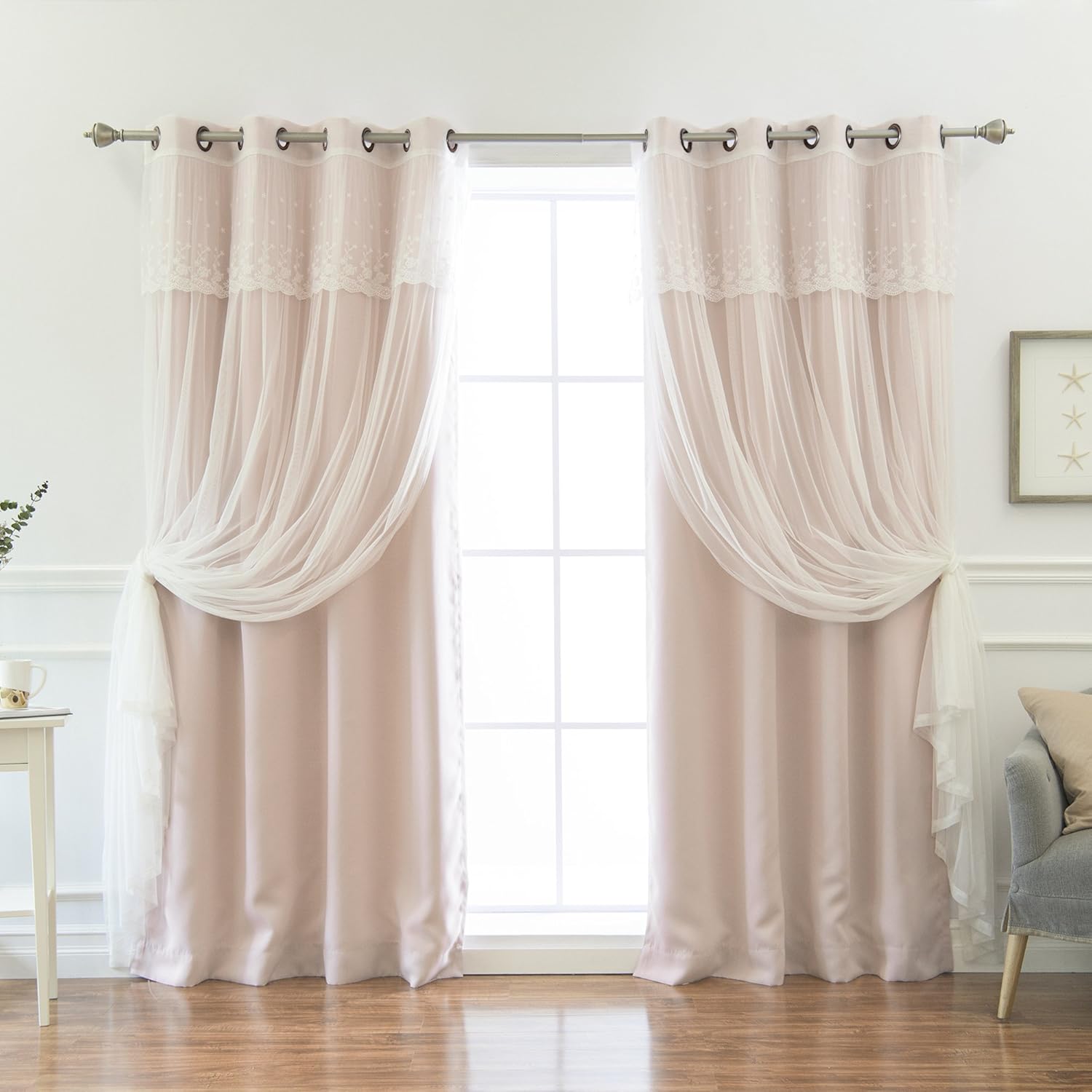 Best Home Encaje de tul fashion con cortinas transparentes adheridas, top de acero inoxidable arandela niquelada