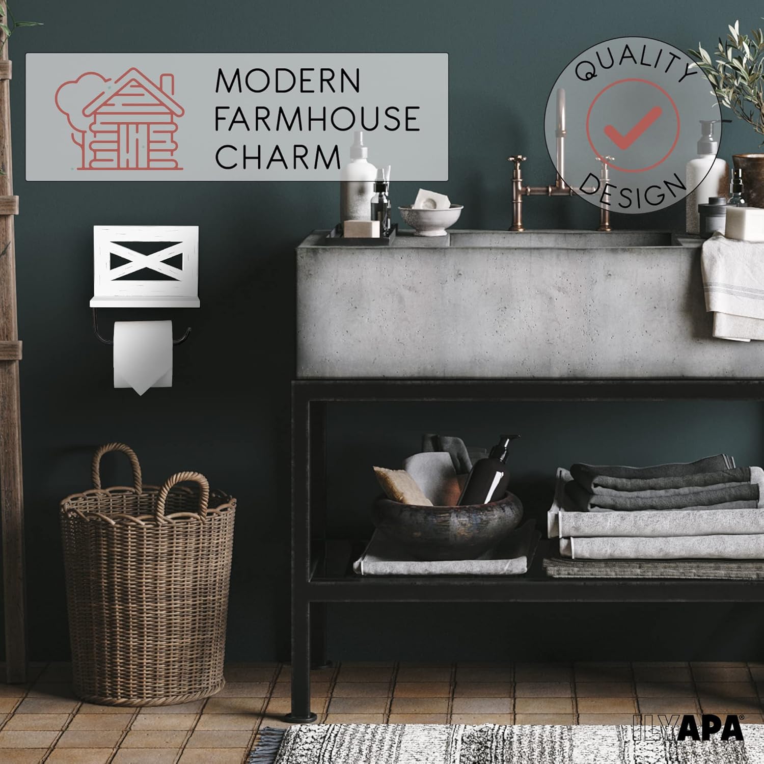 Ilyapa Portarrollos de papel higiénico para baño, de madera rústica, color blanco envejecido, con estante