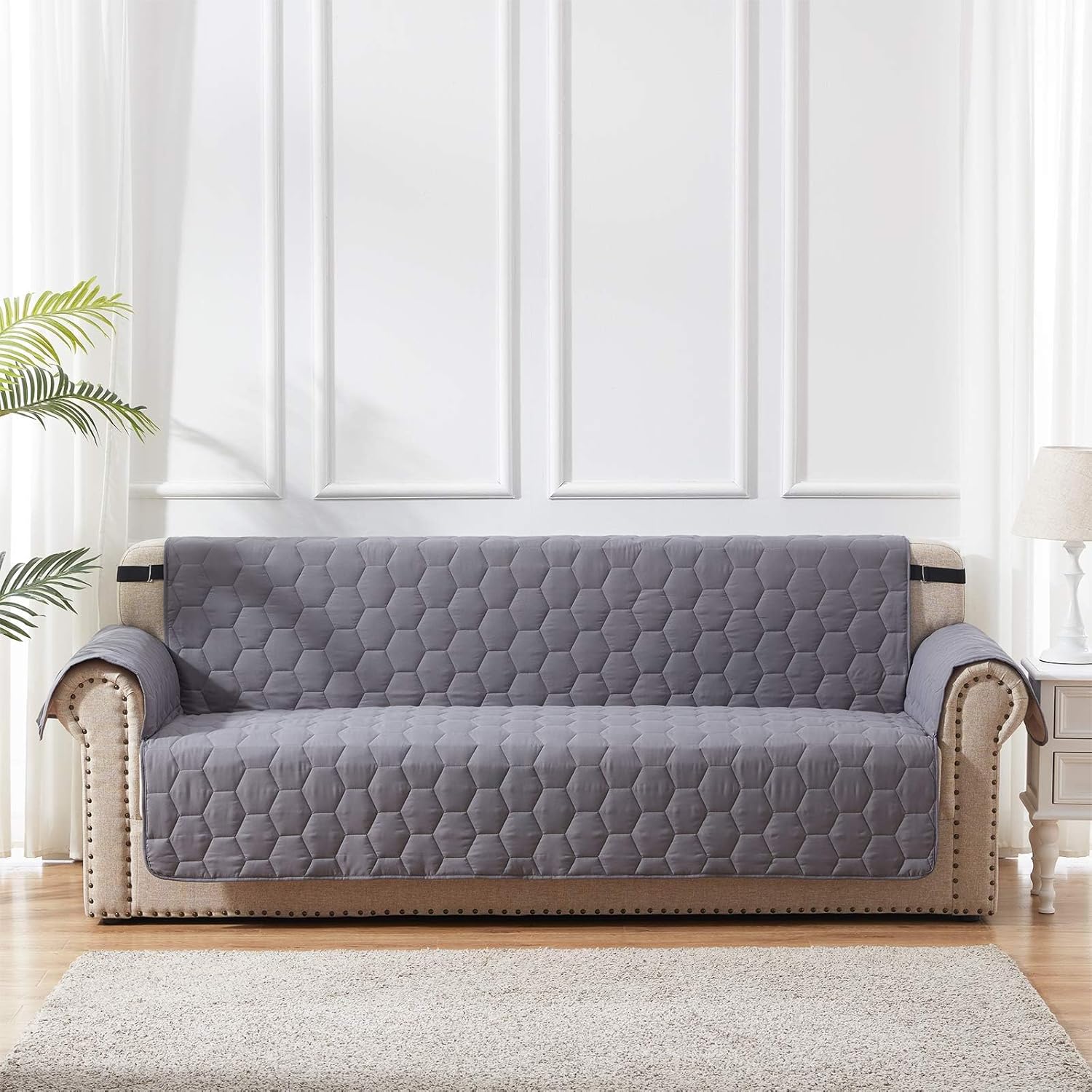 SunStyle Home Funda de sofá gris oscuro, resistente al agua, funda protectora para muebles, funda acolchada de panal con correa elástica ajustable y