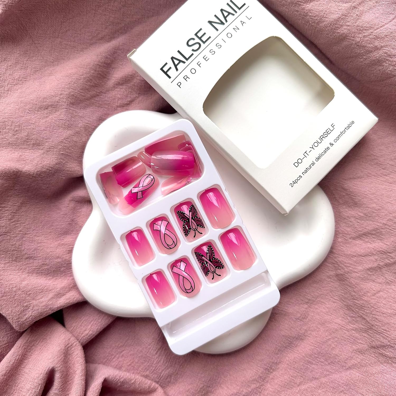 Uñas postizas cuadradas a presión sobre cáncer de mama, uñas postizas de mariposa con cinta rosa, cobertura completa, longitud media, puntas de uñas