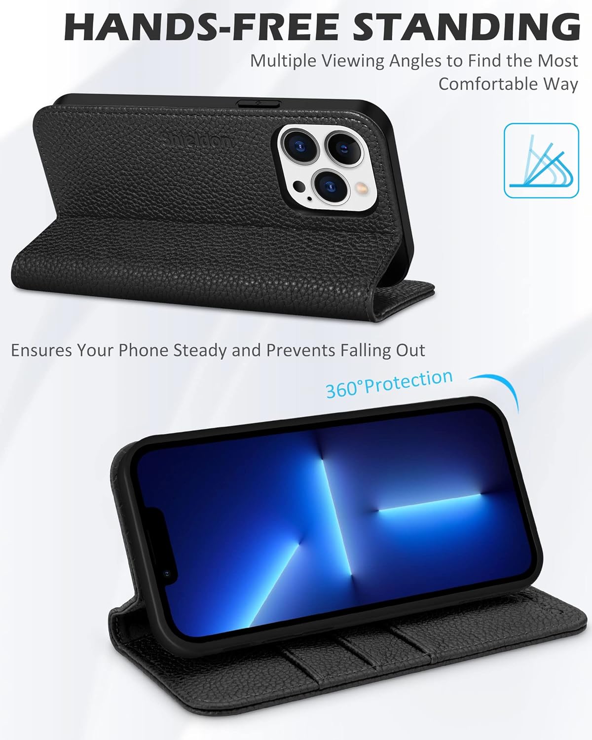 SHIELDON Funda para iPhone 13 Pro 5G 2021, funda de piel auténtica, soporte para tarjetas, bloqueo RFID, funda magnética a prueba de golpes,