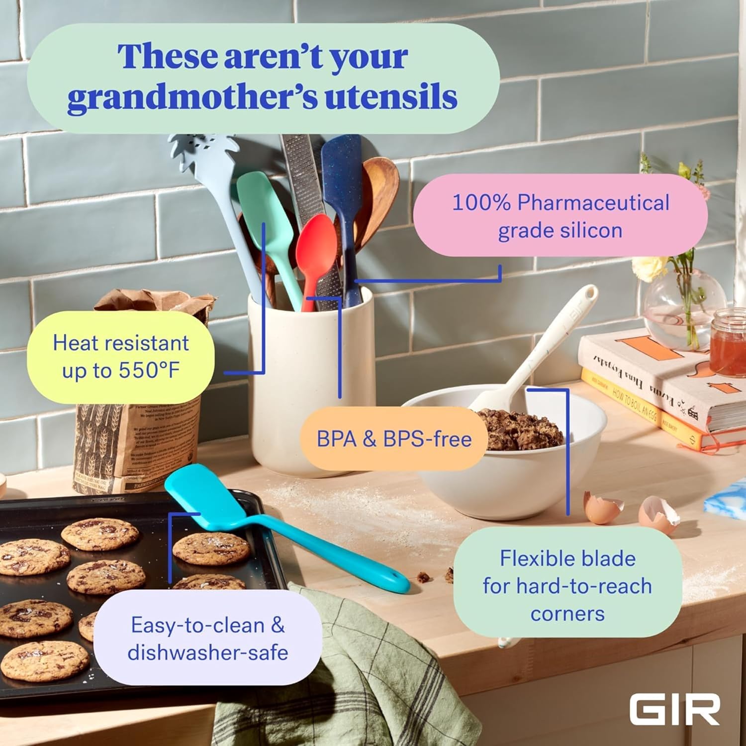GIR Get It Right – Juego de utensilios de silicona de 10 piezas, cucharón, espátulas, abatible, cucharas, batidor, pelador de patatas y cuchara,