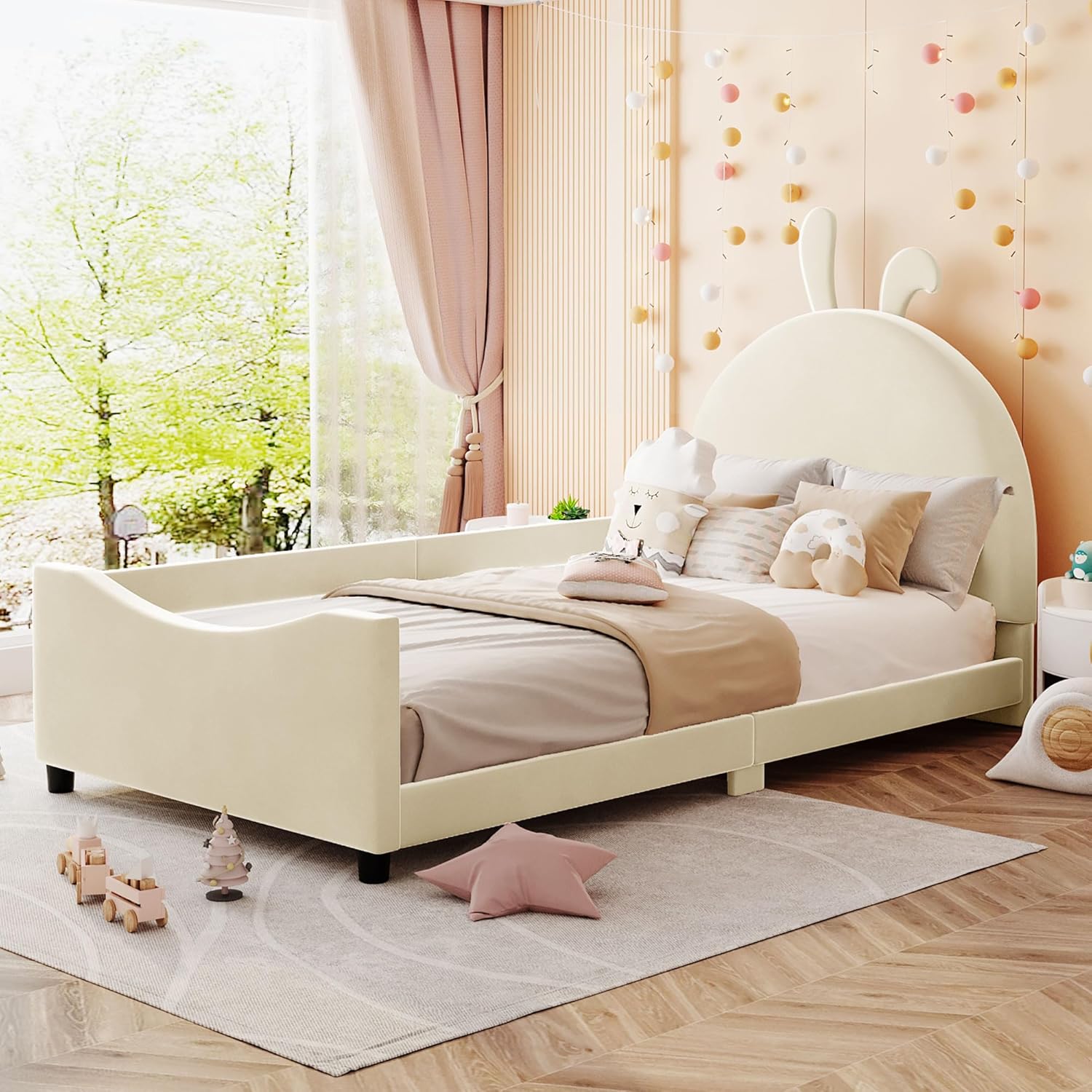Cama tapizada de tamaño individual con cabecera en forma de conejo, marco de cama de plataforma baja con rieles, sofá cama de terciopelo con soporte