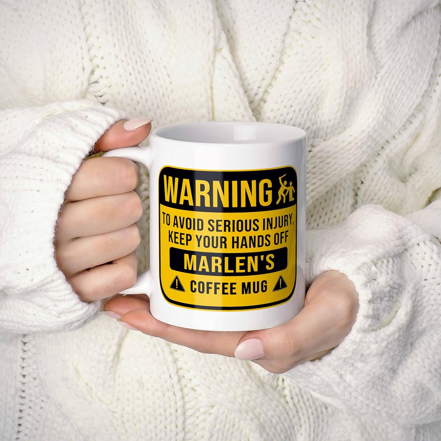 Marlen Name Gift. Funny Personalized Warning Hands Off Coffee Mug For Men, Women, Friends, Coworkers. 11 Ounces.