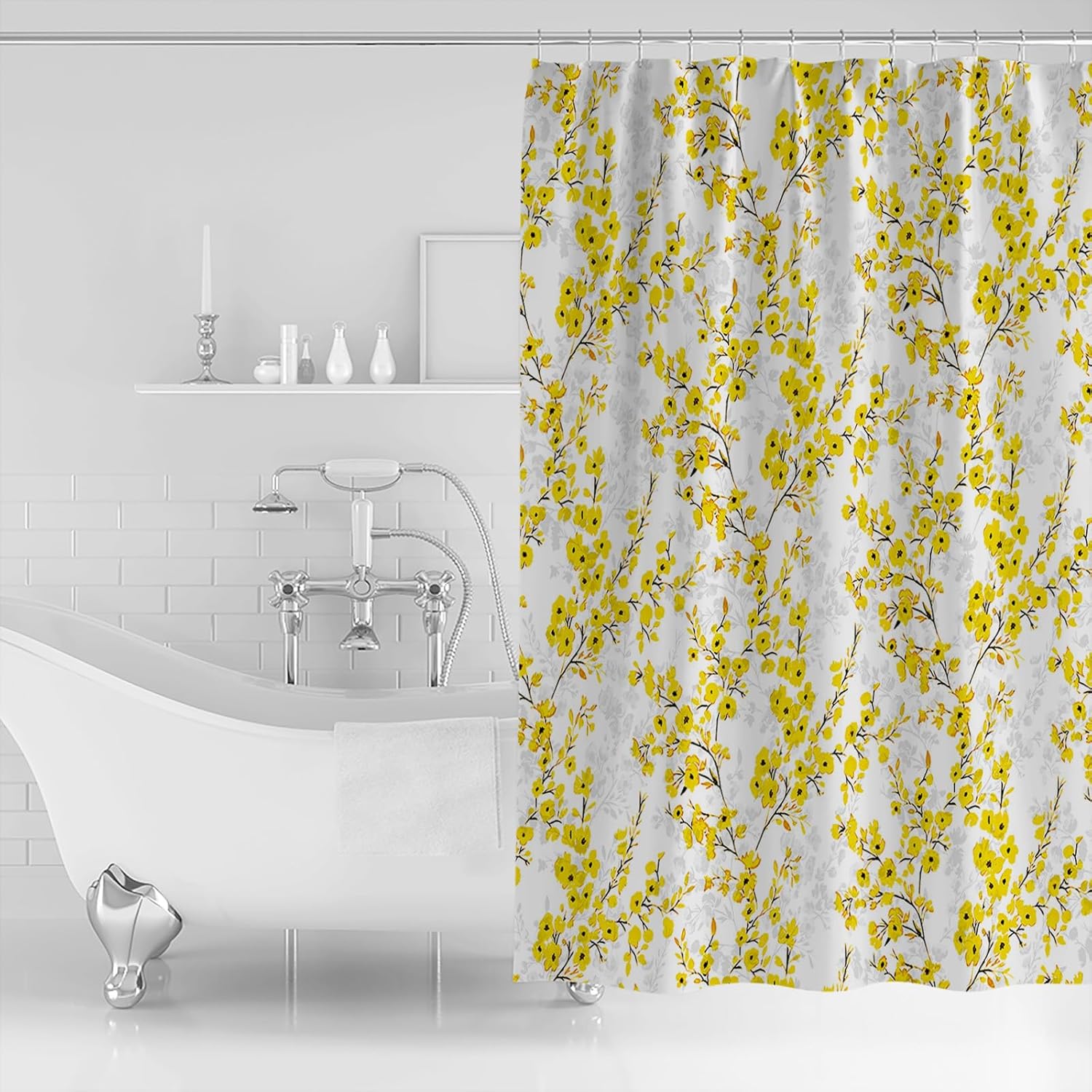 Cortinas de ducha florales para baño, estilo acuarela, flores amarillas y grises, juego de cortinas de ducha de tela impermeable con 12 ganchos,