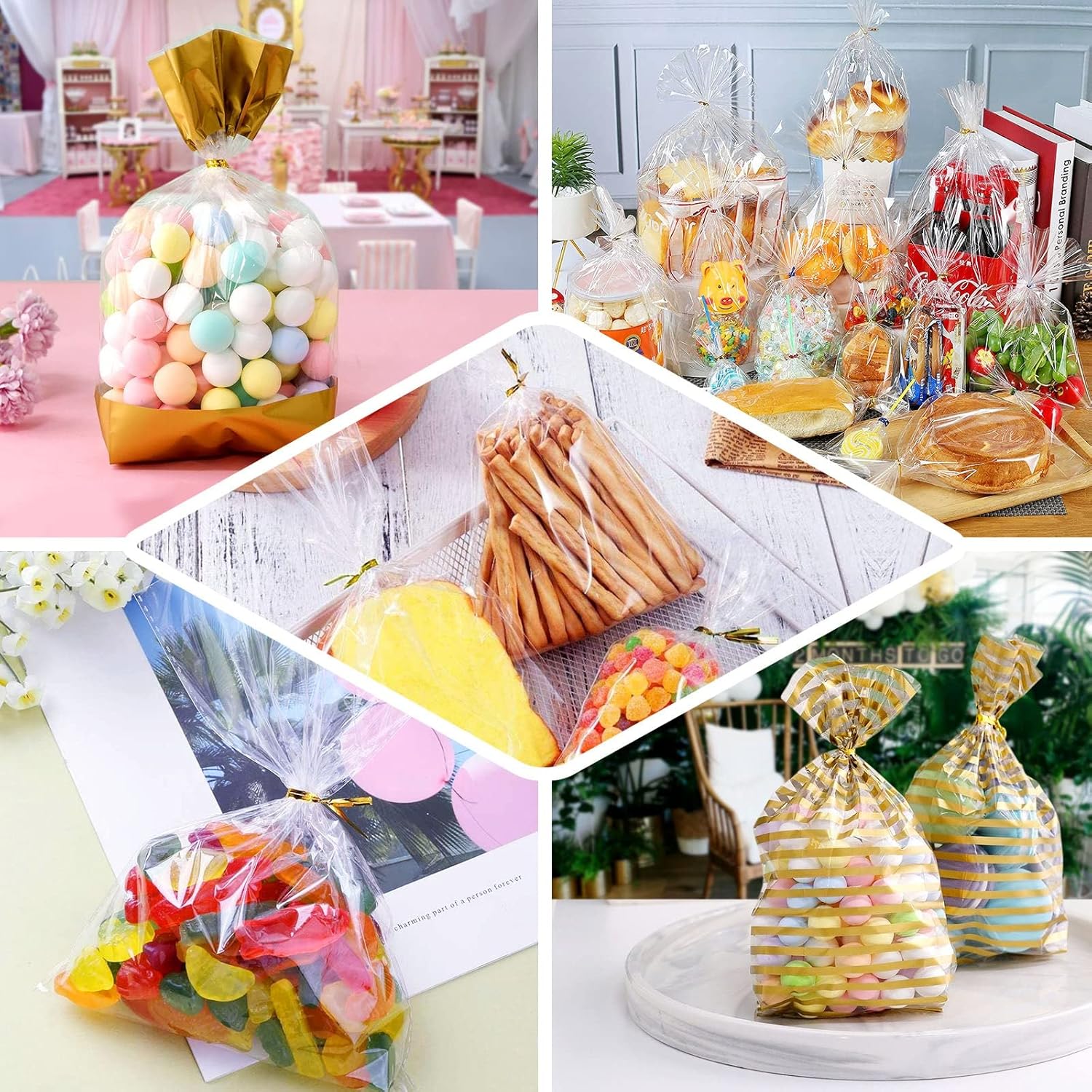 Efavormart – 100 bolsas de celofán transparente de 6 x 10 pulgadas con lazos metálicos dorados, bolsas de dulces para dulces, panadería, galletas,