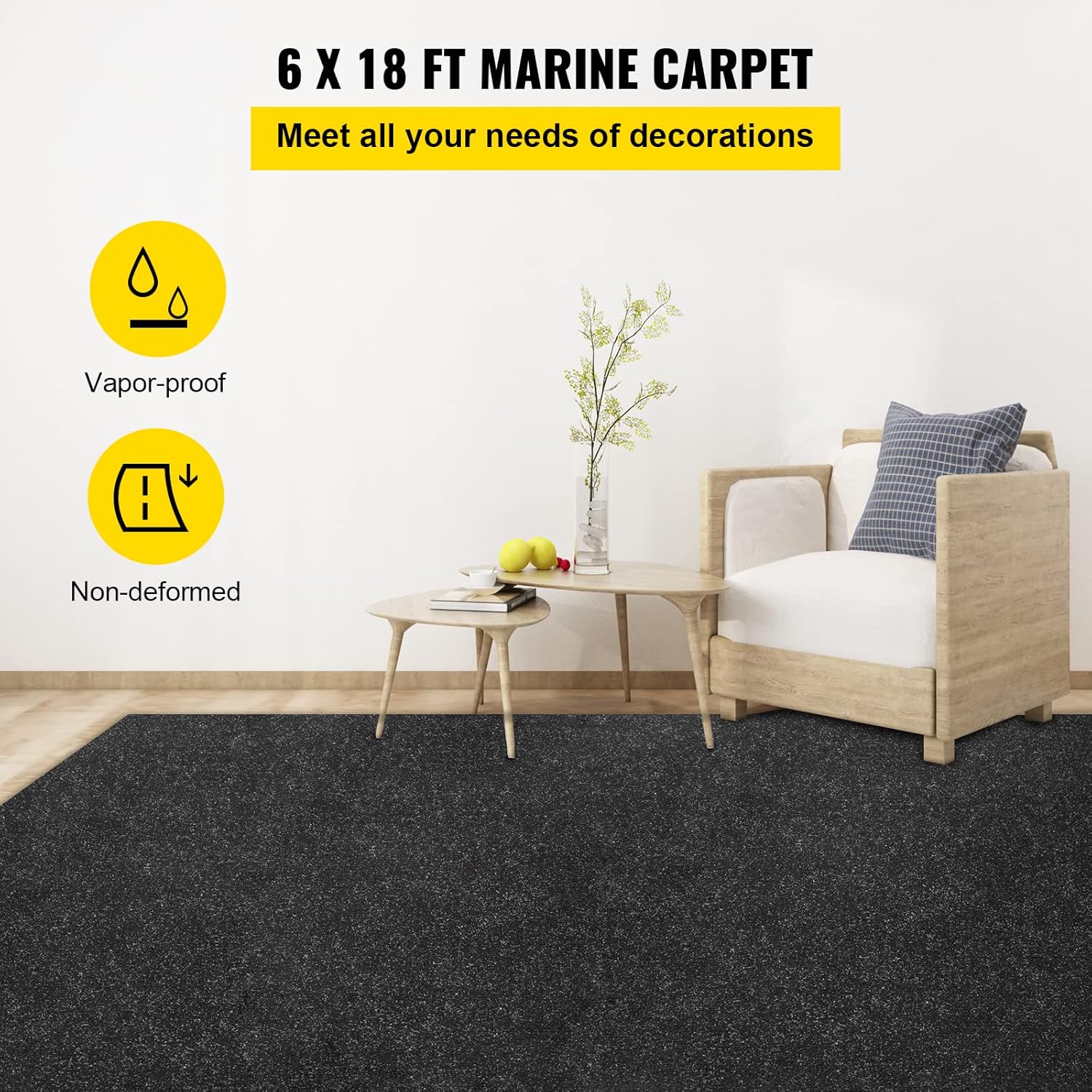 Happybuy Alfombra marina, de 6 pies x 36 pies, color negro carbón de grado marino, alfombra marina con pelo de corte suave y respaldo TPR a prueba