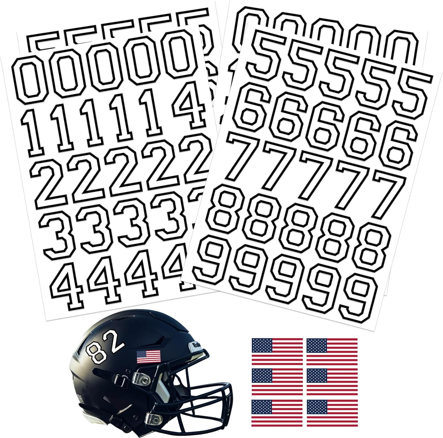 108 calcomanías de números de casco deportivo, calcomanías de números de casco de 1.5 pulgadas y calcomanías de bandera estadounidense de 2