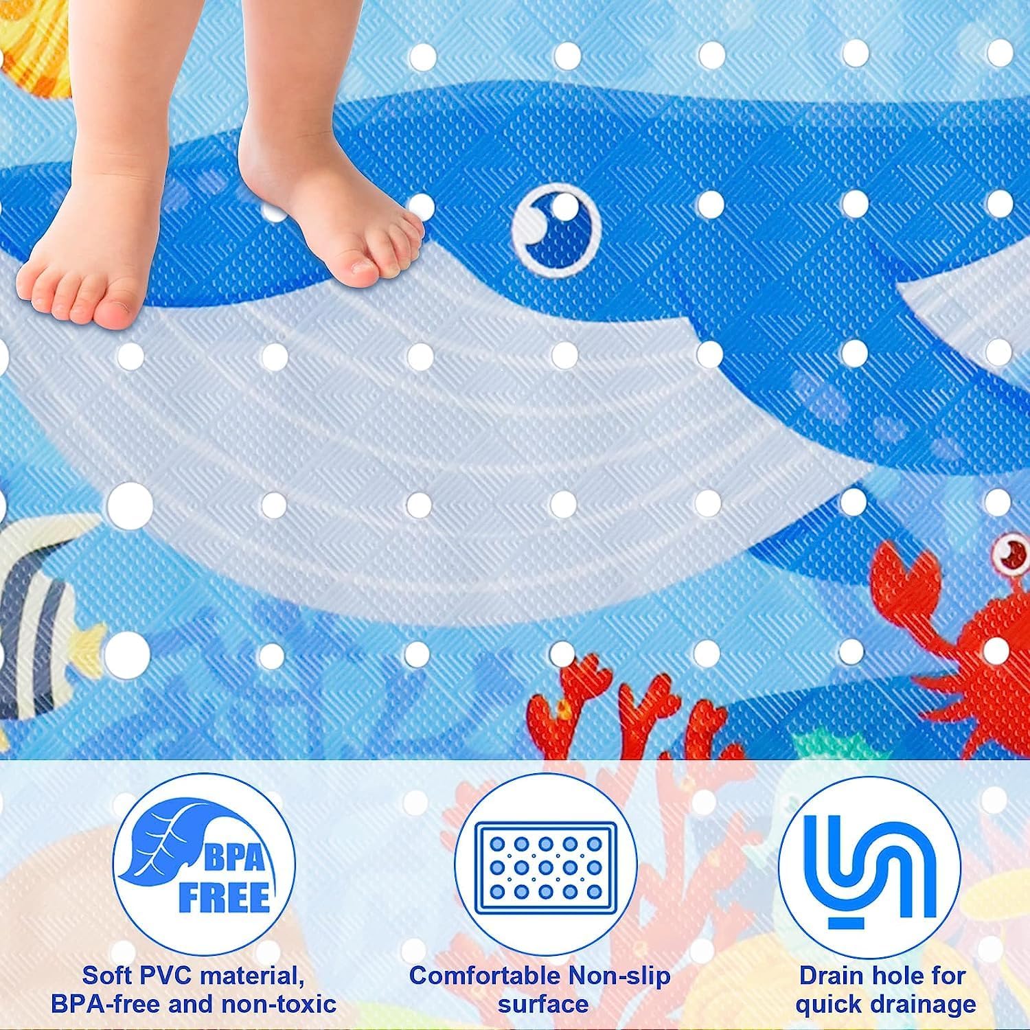 Alfombra de baño para bebé para niños, 40 x 16 pulgadas, extra larga, antideslizante, con dibujos animados, con agujeros de drenaje y ventosas,
