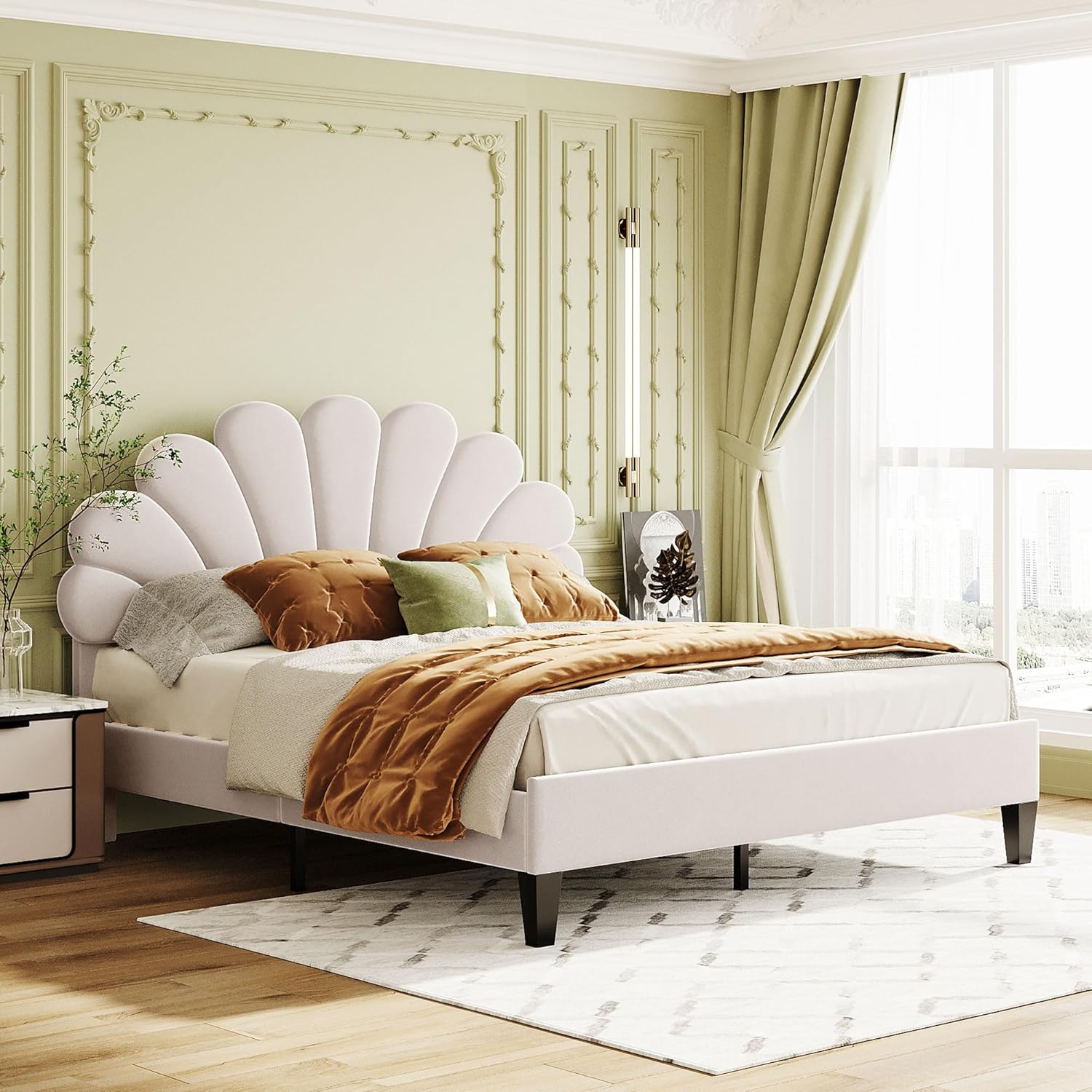 Merax Cama de plataforma tapizada tamaño Queen con marco de madera con patrón de flores cabecera de terciopelo para dormitorio, niños, niñas y