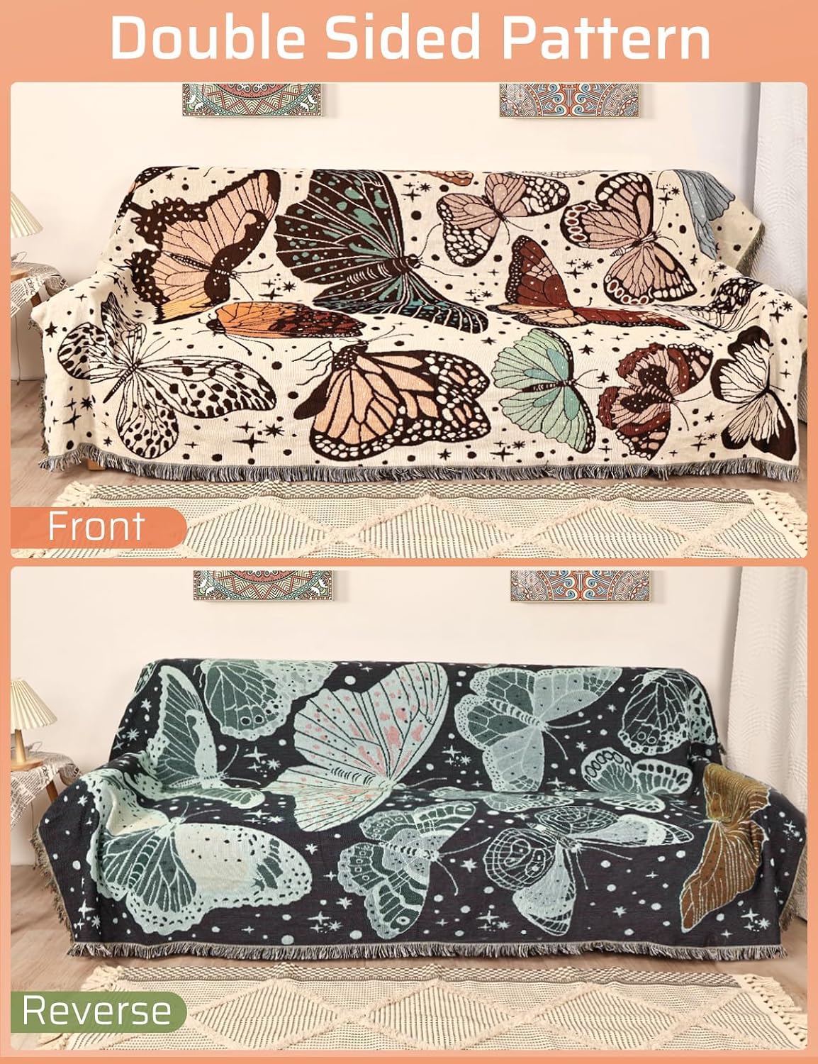 Shesyuki Manta bohemia reversible de algodón, tapiz bohemio hippie para decoración de habitación de doble cara (estampado de polilla de monte 60 x