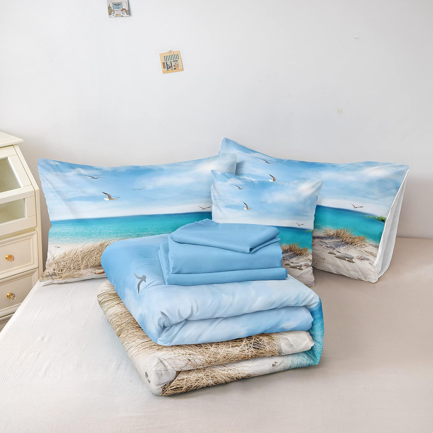 Move Over Juego de edredón de playa costero tamaño matrimonial, 8 piezas, edredón con temática de playa azul océano en una bolsa, con 1 edredón, 4