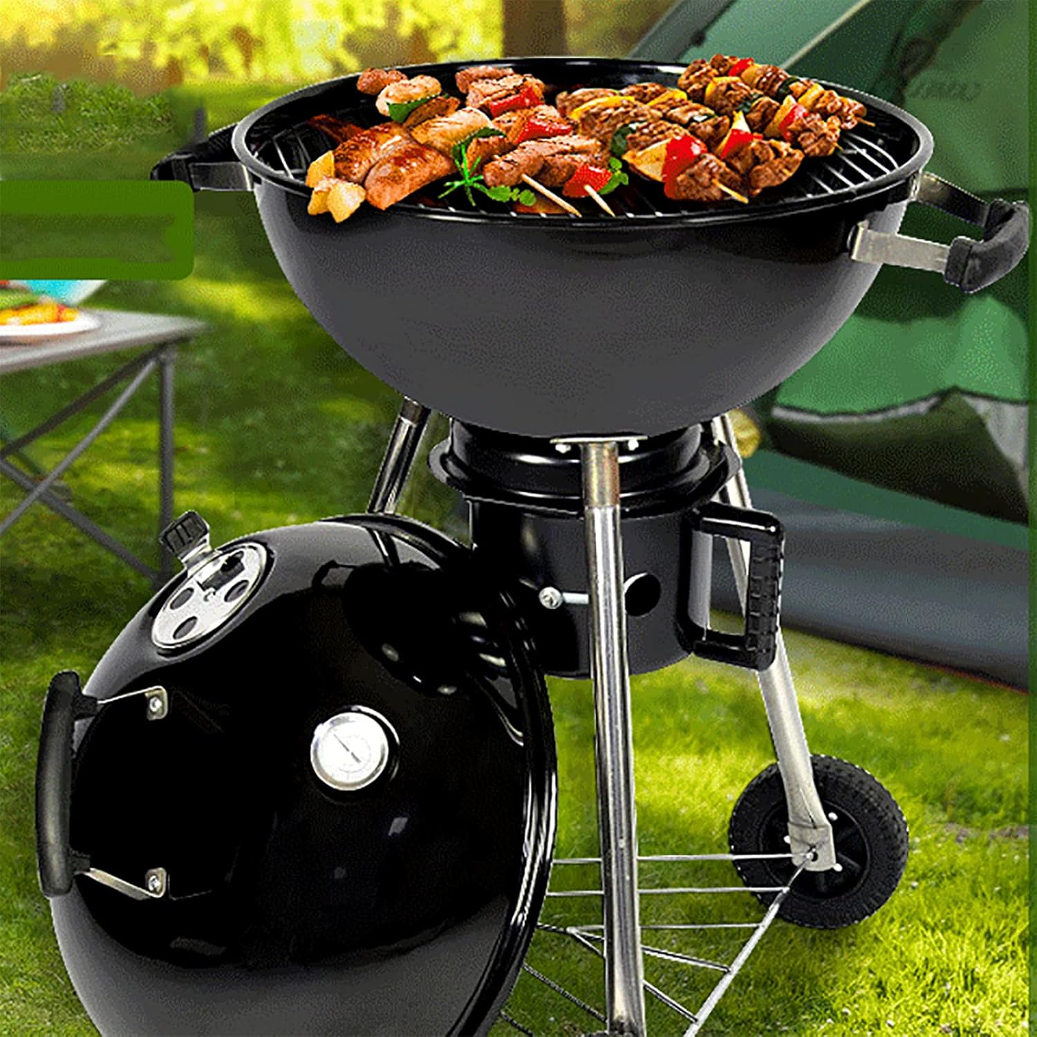 Parrilla de carbón portátil, parrilla de carbón con ruedas para cocinar al aire libre, barbacoa, campamento, redonda resistente con ruedas gruesas