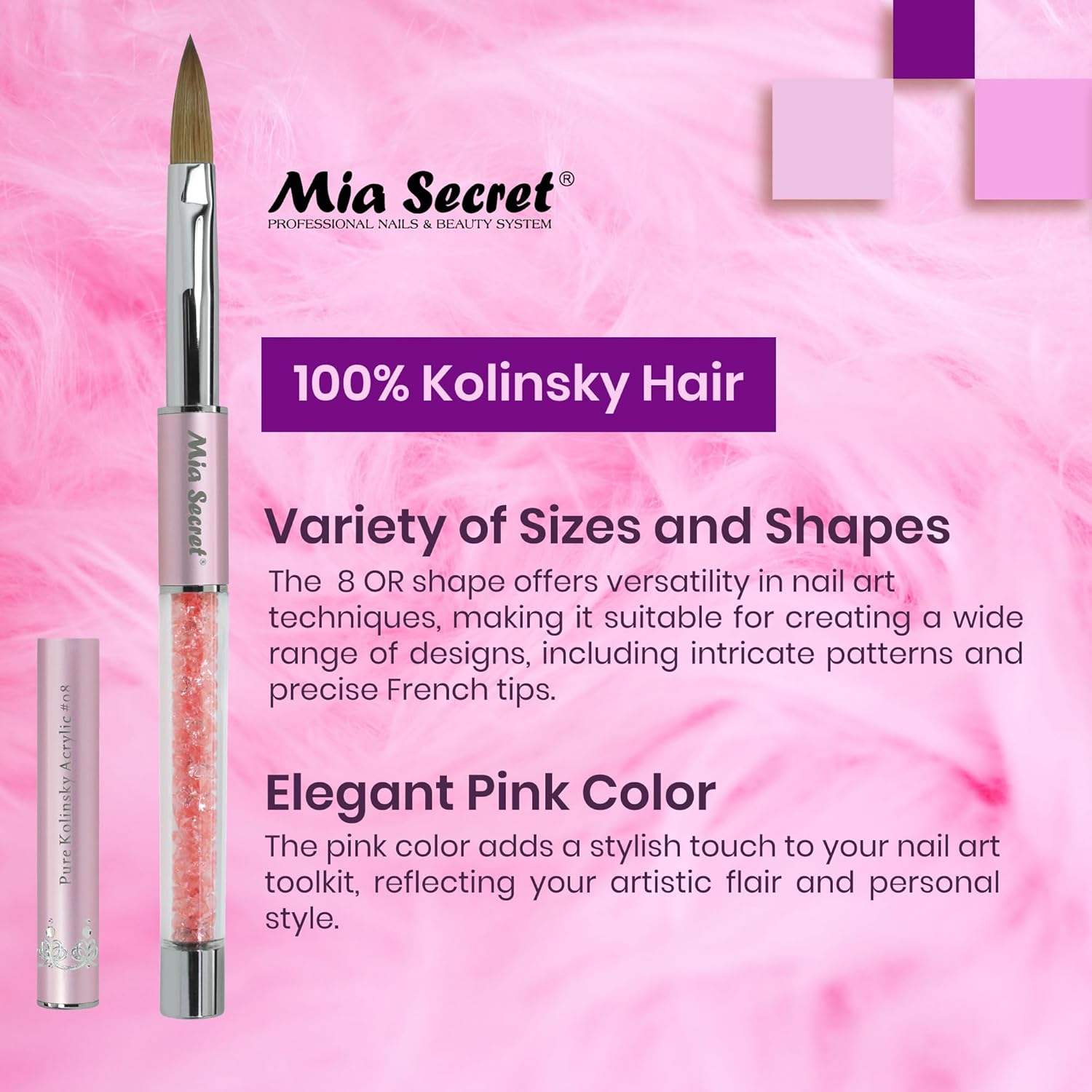 Mia Secret PREMIER – Pinceles de uñas 100% Kolinsky hechos en Estados Unidos, pinceles para arte de uñas prenio (rosa, 8 o)
