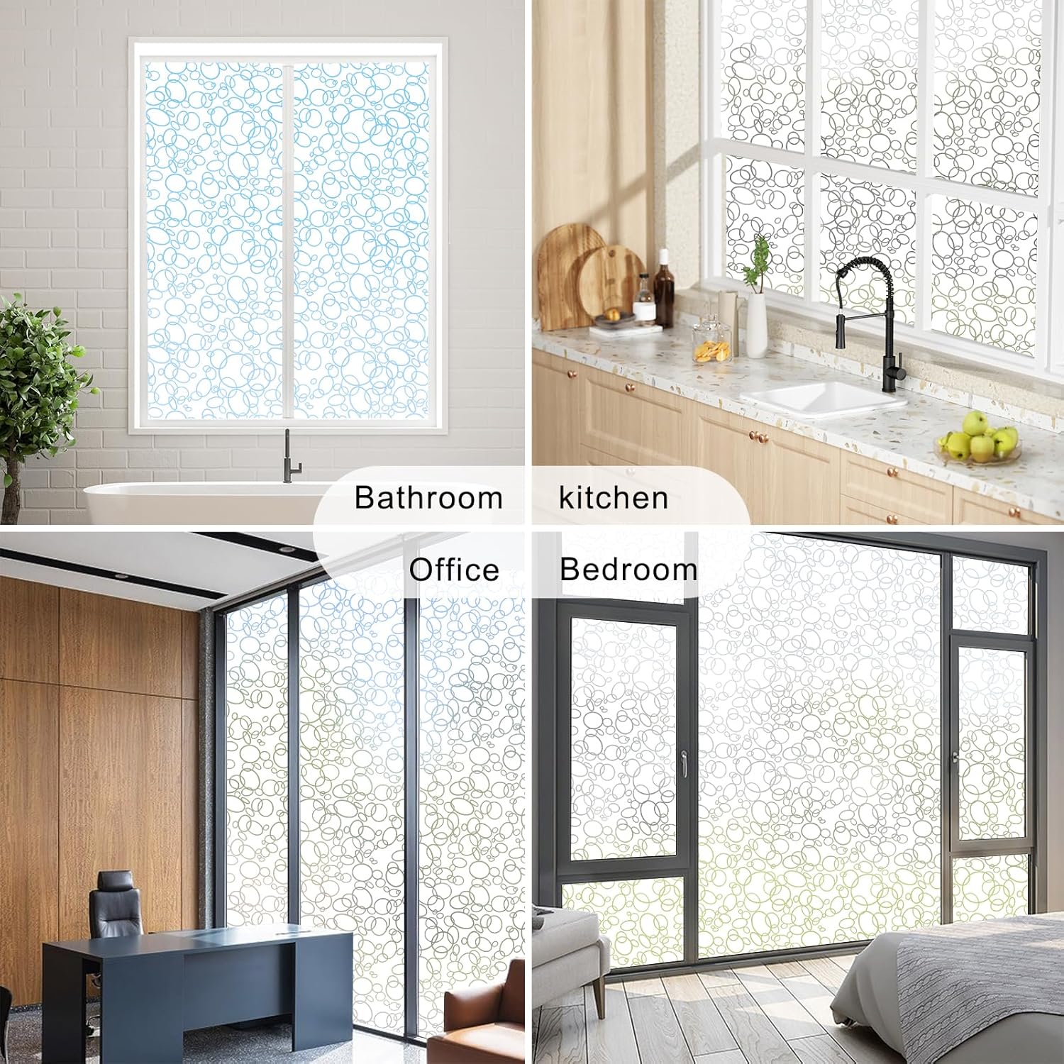 Ohmywor Película decorativa de privacidad para ventana, patrones circulares impresos con control de calor, bloqueo solar, anti UV, película