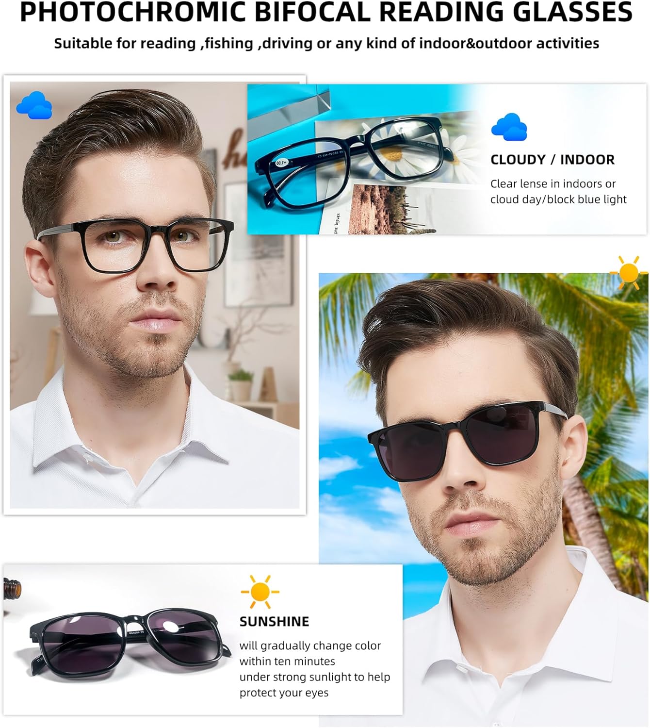 OCCI CHIARI Gafas de lectura bifocales fotocrómicas para hombres,Lectores de gafas de sol de protección UV de amplia transición