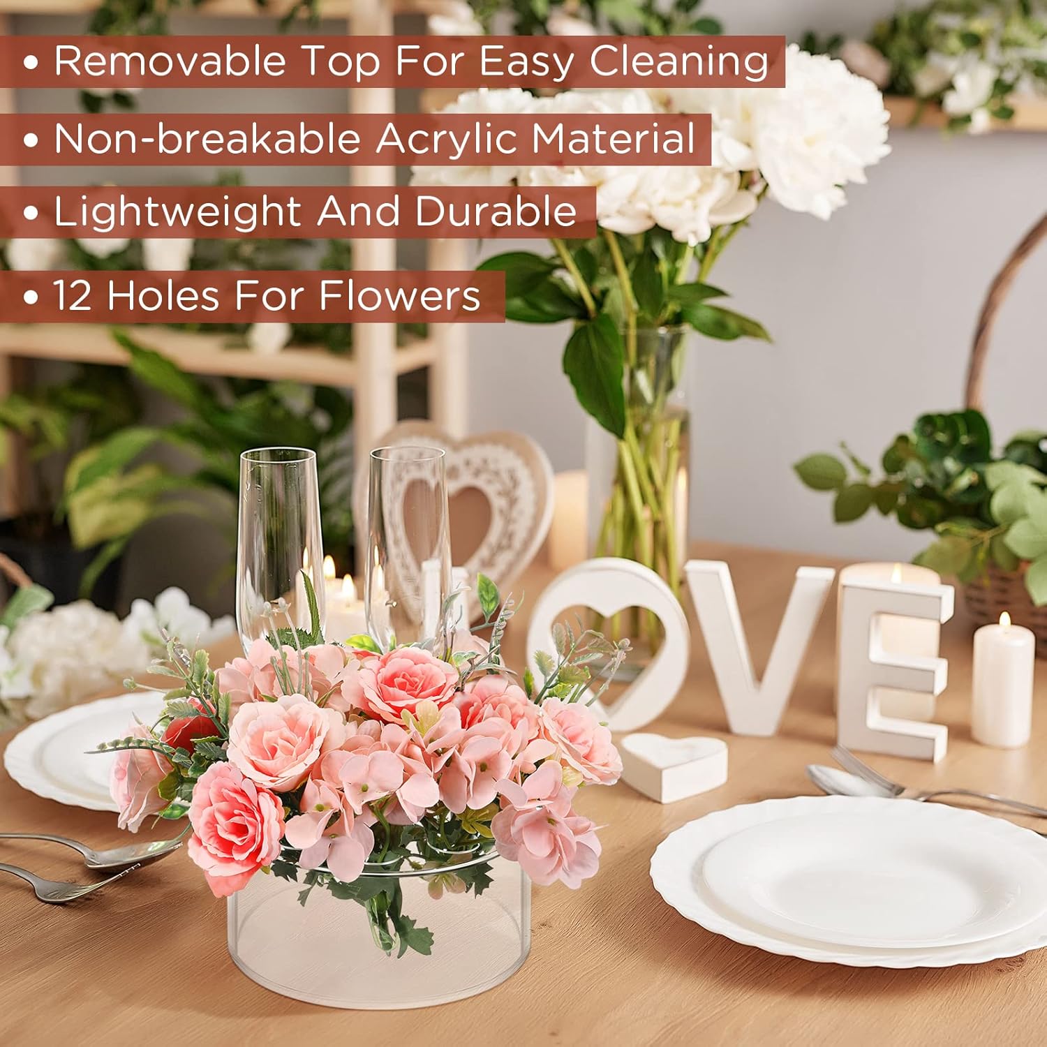 Tanlade 3 piezas de centro de mesa de acrílico floral para decoración de mesa de comedor, florero redondo de flores de boda, jarrones de centro de