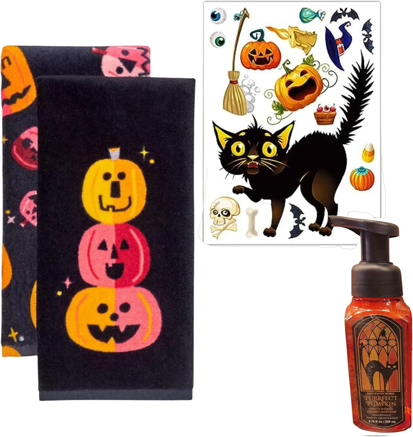 Home Concepts Juego de decoración de baño espeluznante de Halloween que incluye 2 toallas de mano, 1 jabón de manos espumoso y adhesivos decorativos