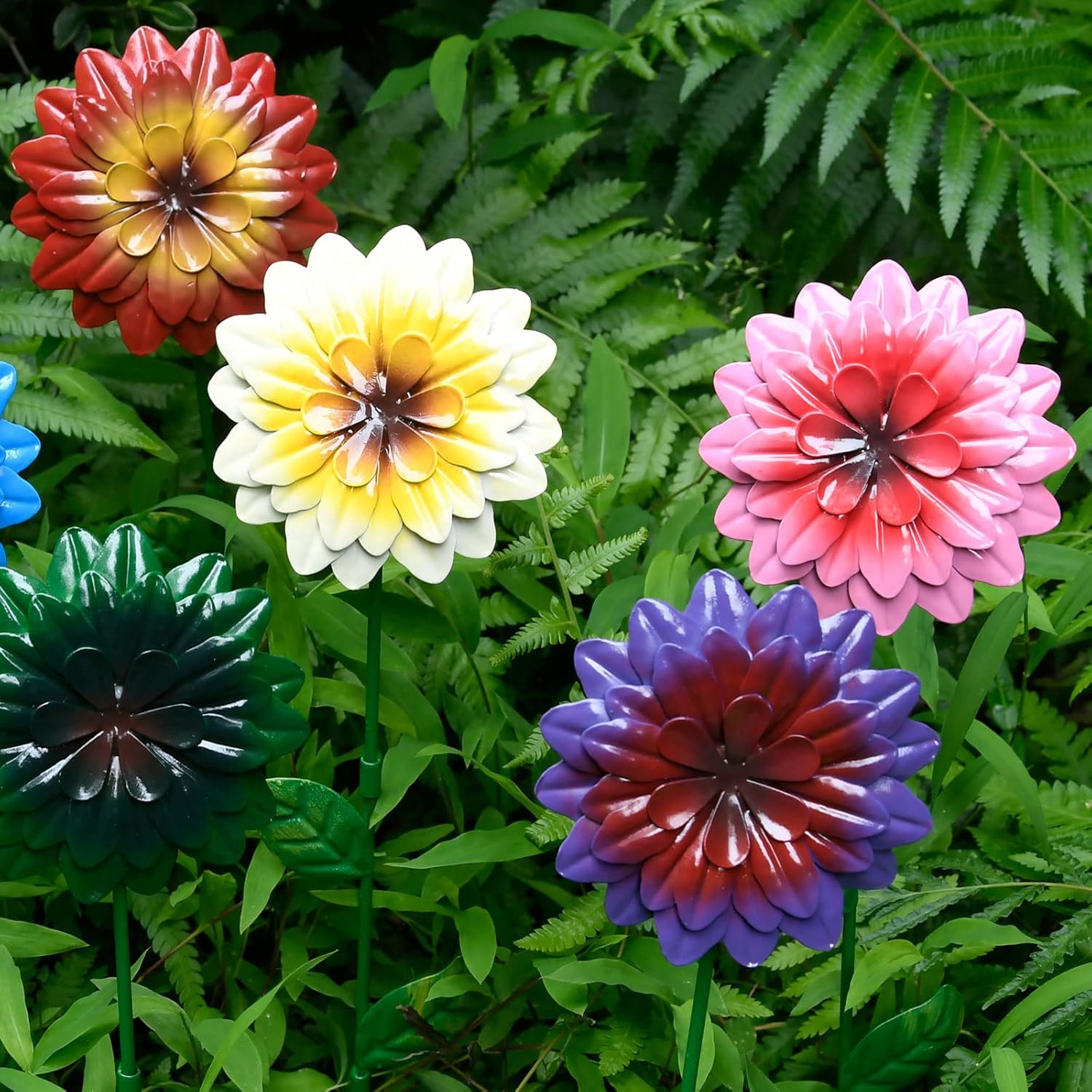7 estacas de metal para jardín, flores de primavera de metal de 15 pulgadas, decoración al aire libre, decoración artística de patio, plantas de
