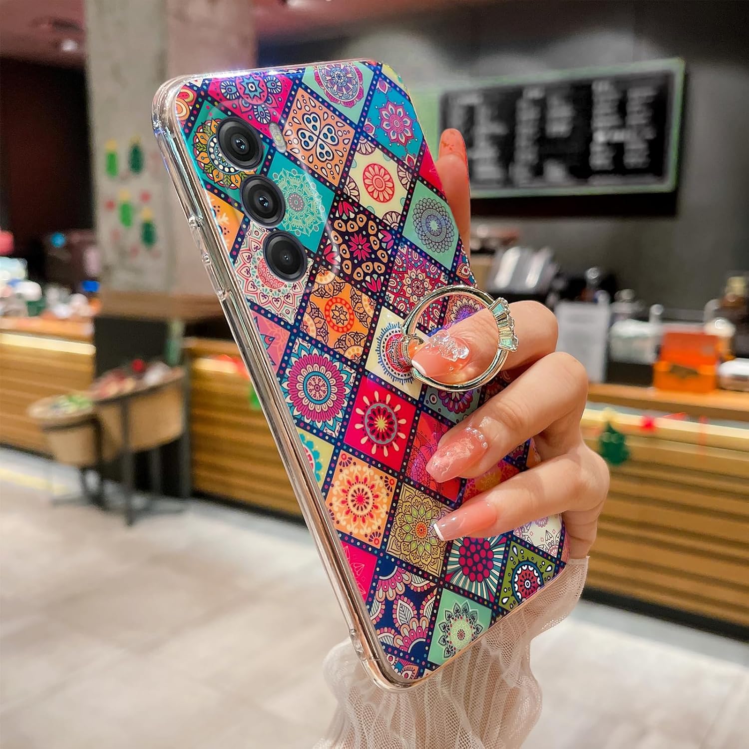 Funda para teléfono Moto G Stylus 5G 2022 con soporte de anillo dorado para niñas y mujeres, diseño de mandala retro floral, delgada, a prueba de