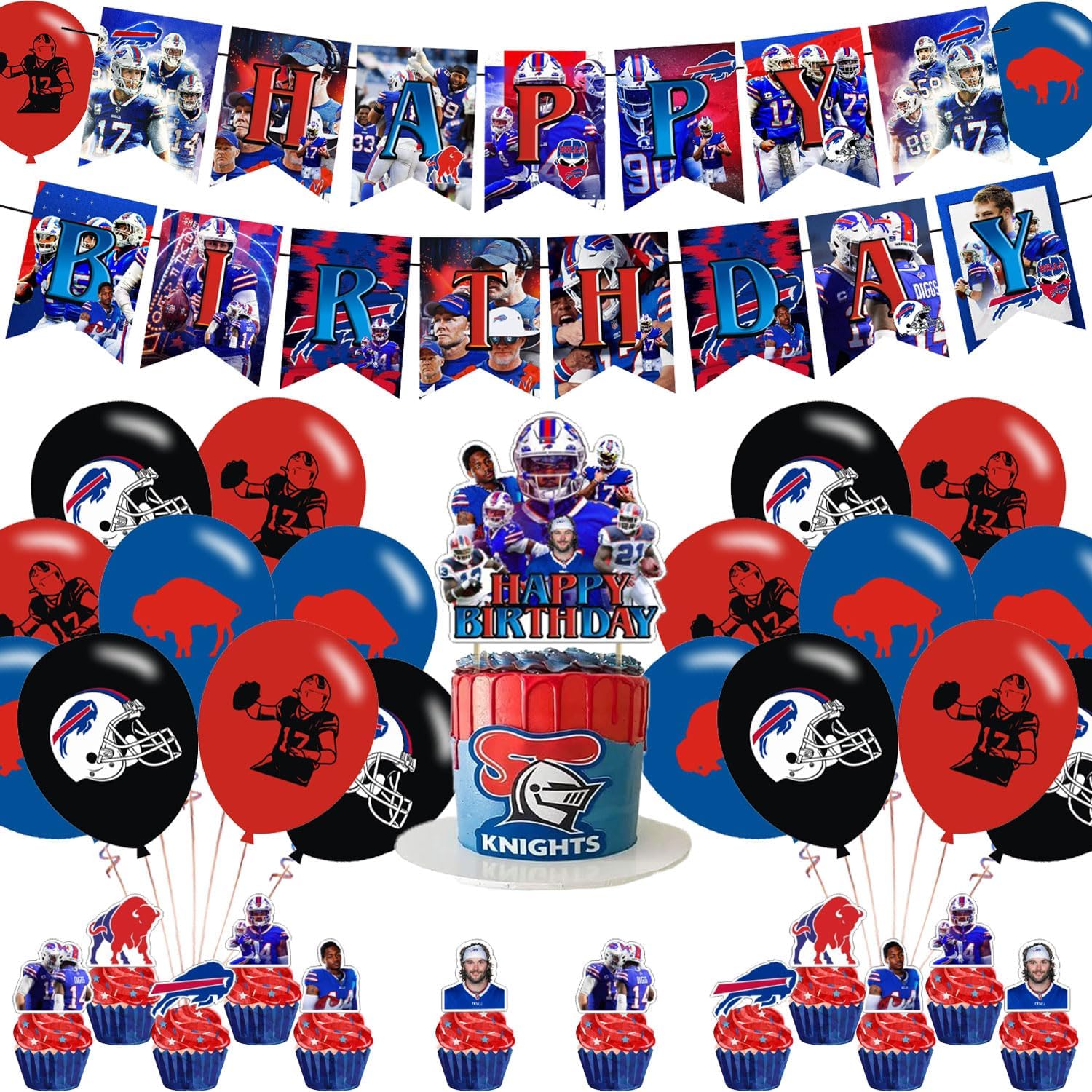 Bills – Decoraciones para fiestas, suministros de fiesta de cumpleaños para fiesta de fútbol de búfalo, incluye pancarta, decoración para tartas, 12