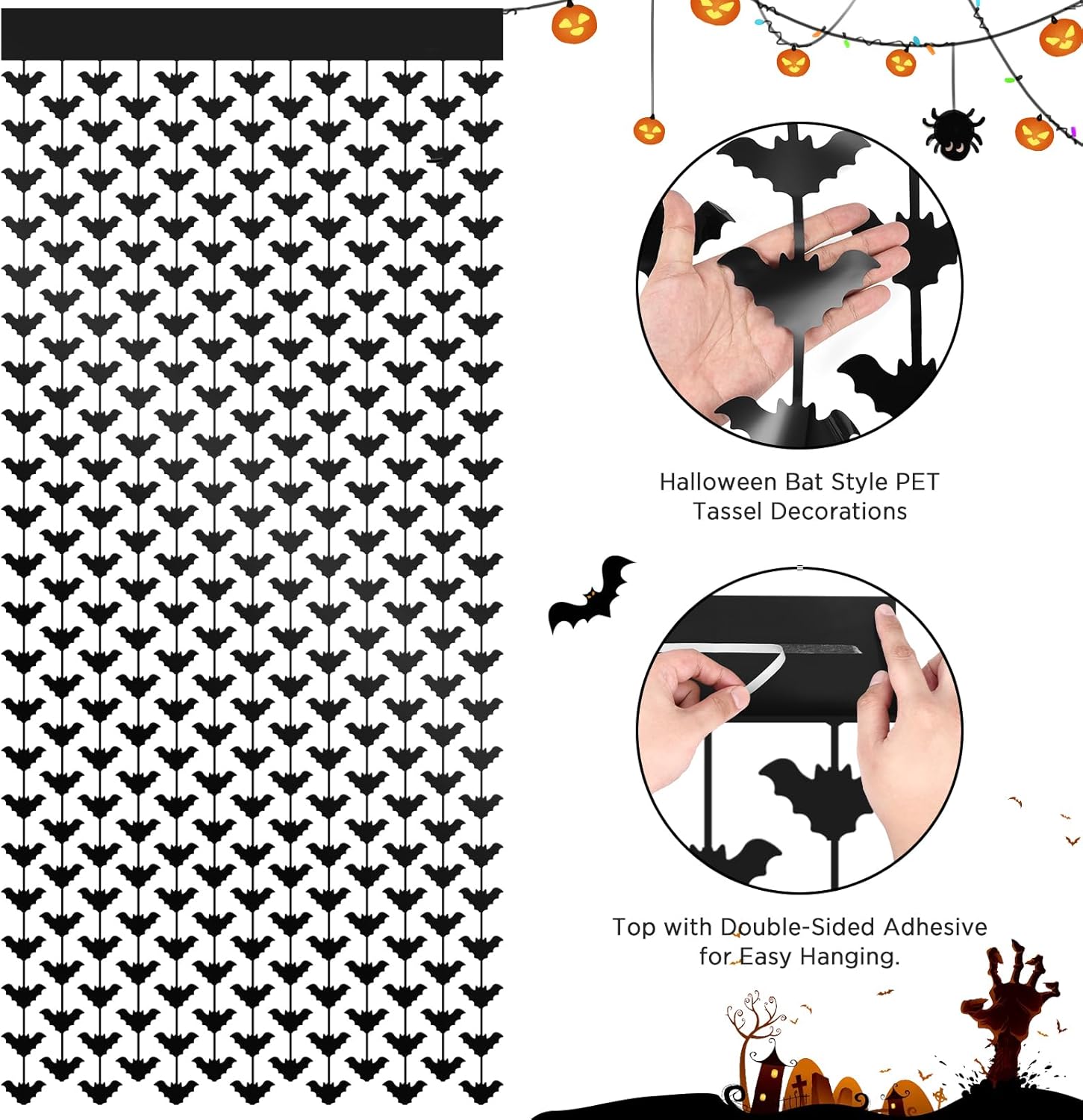 GAGAKU Decoración de pared de murciélagos de Halloween, 2 unidades de 3.3 x 6.6 pies, cortinas de flecos de oropel de murciélagos espeluznantes