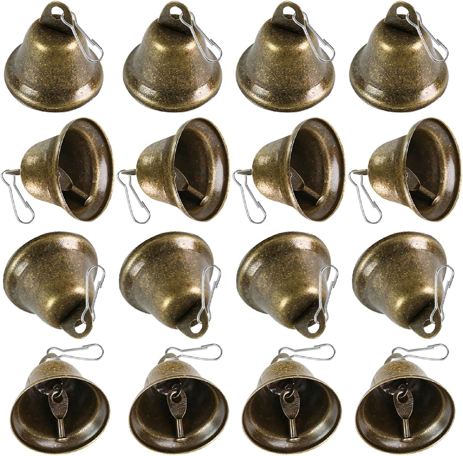 BigOtters Campanas de manualidades, 16 cascabeles de bronce vintage (1.7 x 1.5 pulgadas) con ganchos de resorte para colgar para campanillas de