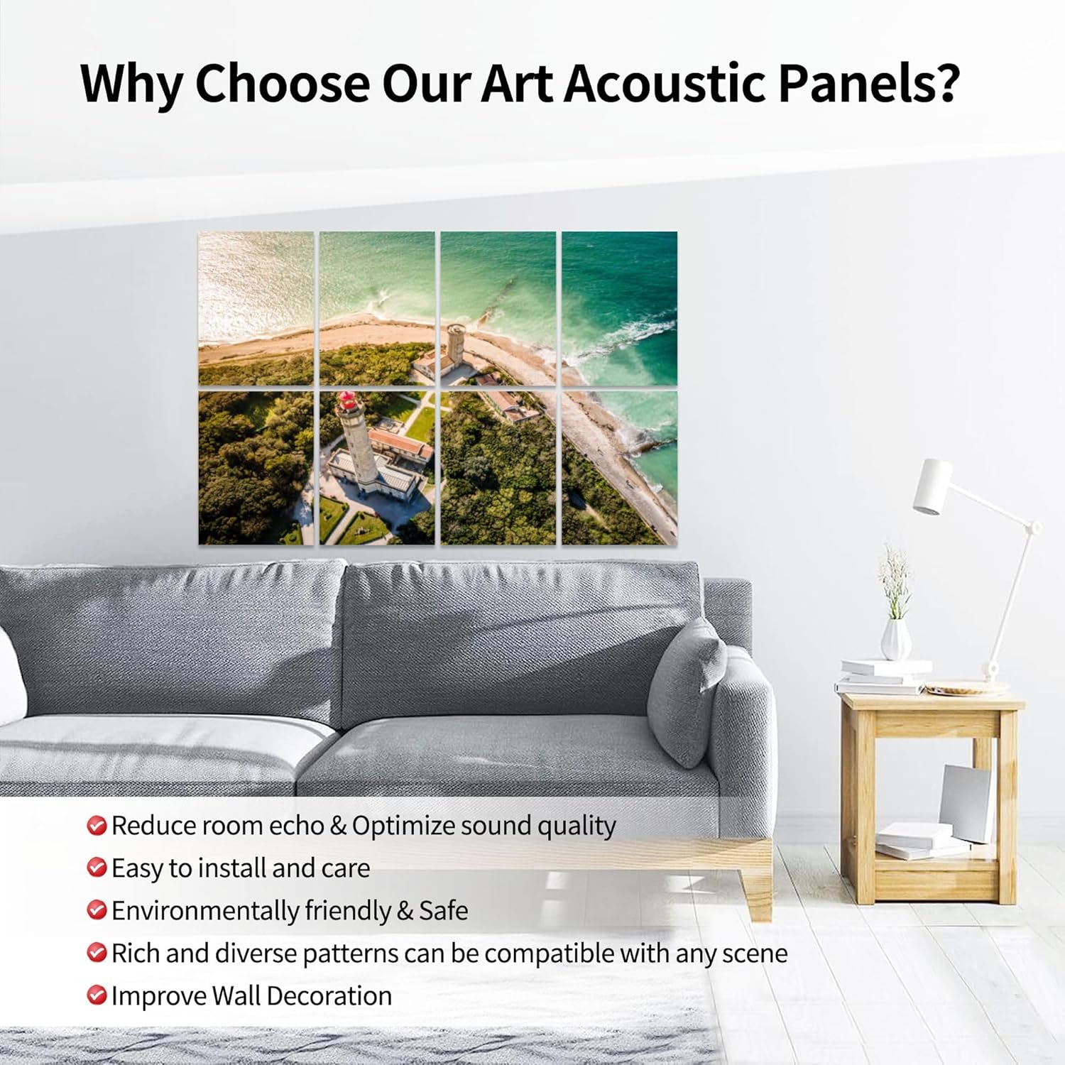 Paneles acústicos artísticos, drone shot Phare Baleines Faro ballenas al atardecer Ile de R island Panel de pared acústico insonorizado con panel