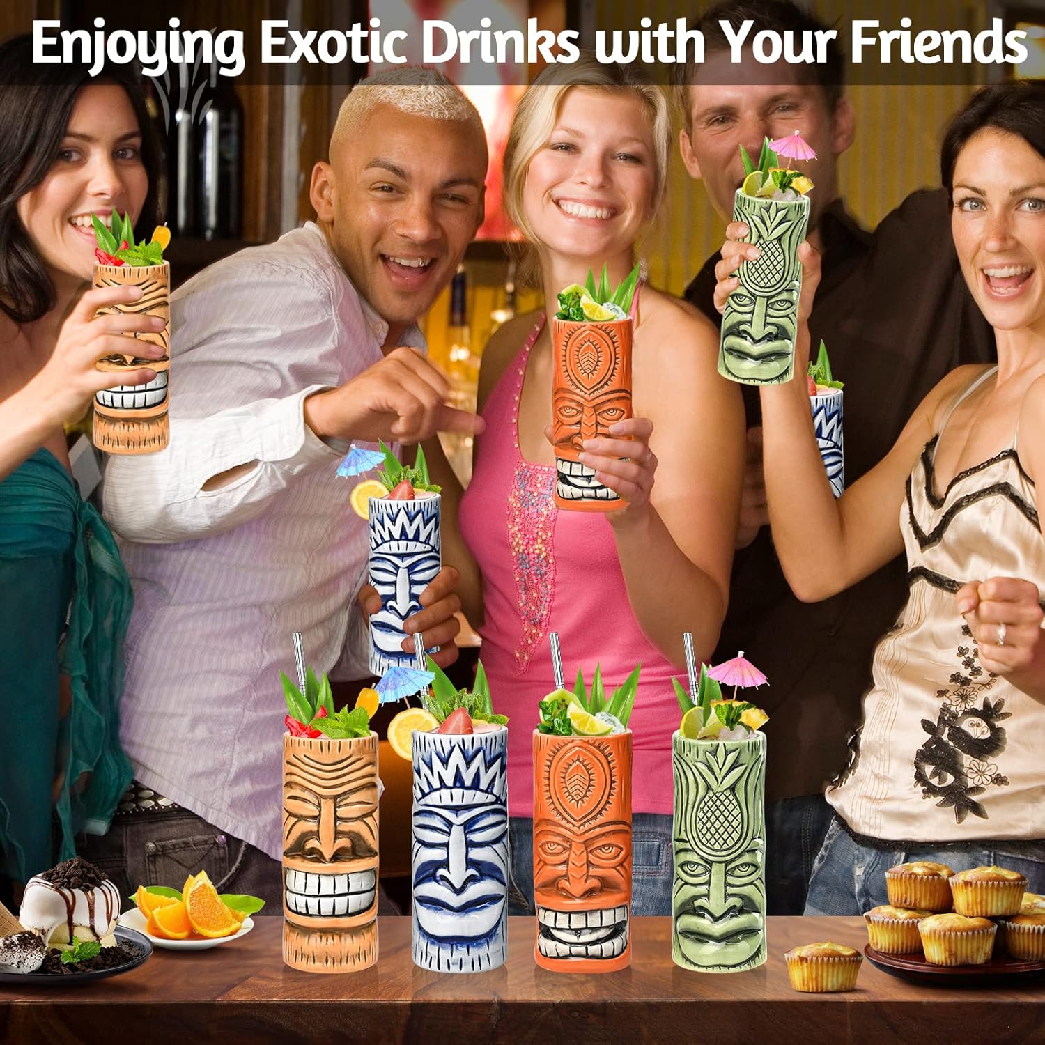 Tiki Mugs – Juego de 4 tazas de cóctel de cristal Tiki de cerámica, vasos de cóctel únicos, taza hawaiana profesional de bar y Halloween fiesta de