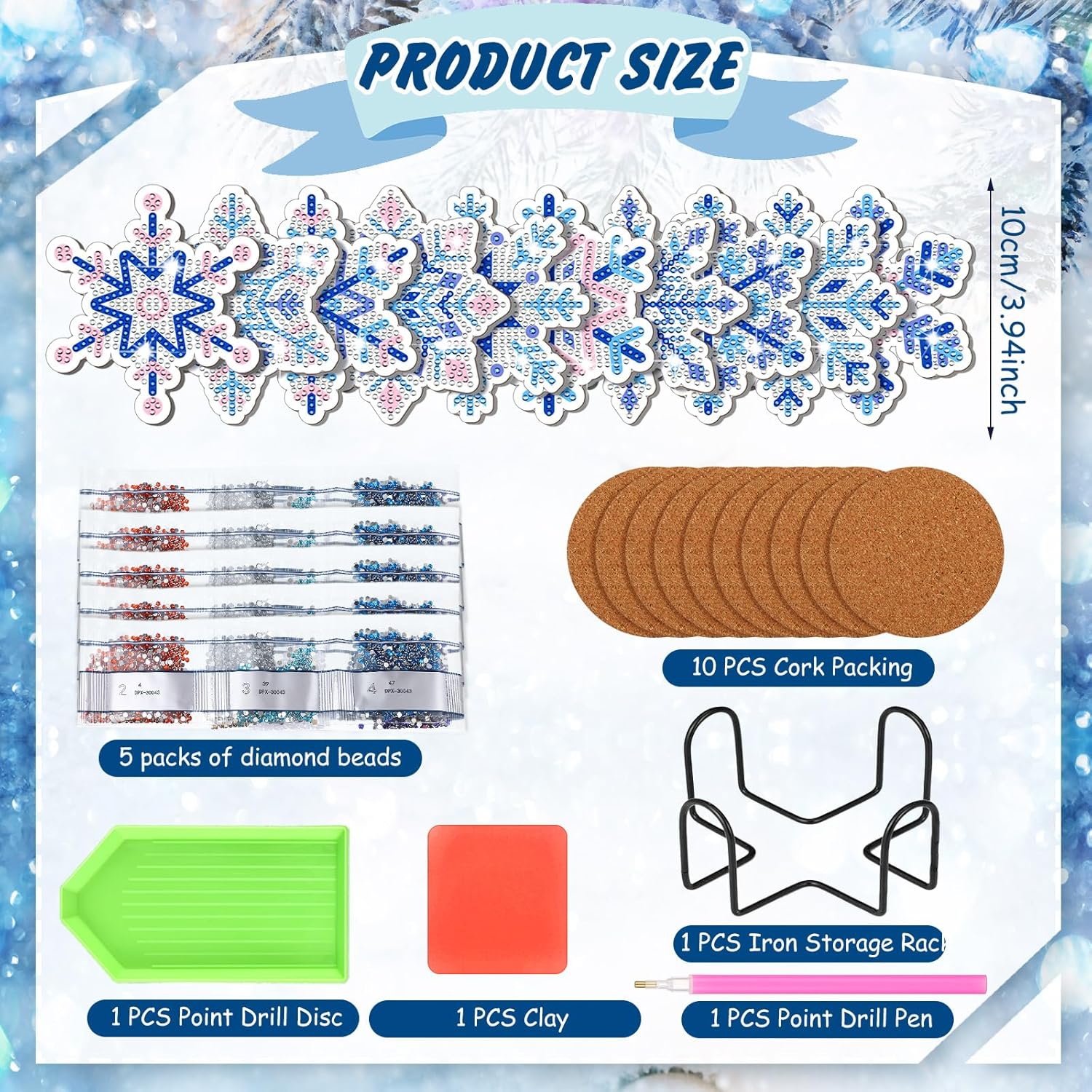 Juego de 10 posavasos de pintura de diamante 5D con copos de nieve, acrílico de invierno, posavasos de diamantes de copo de nieve con soporte base