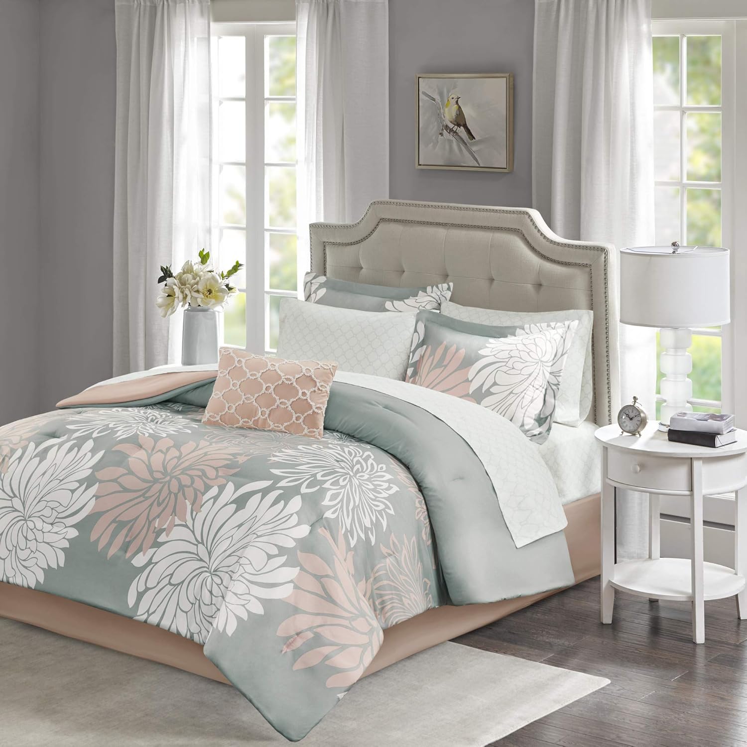 MPE10-860 – Juego de cama para todas las estaciones, con almohada decorativa a juego, tamaño matrimonial (78 x 86pulgadas), color rosado y gris