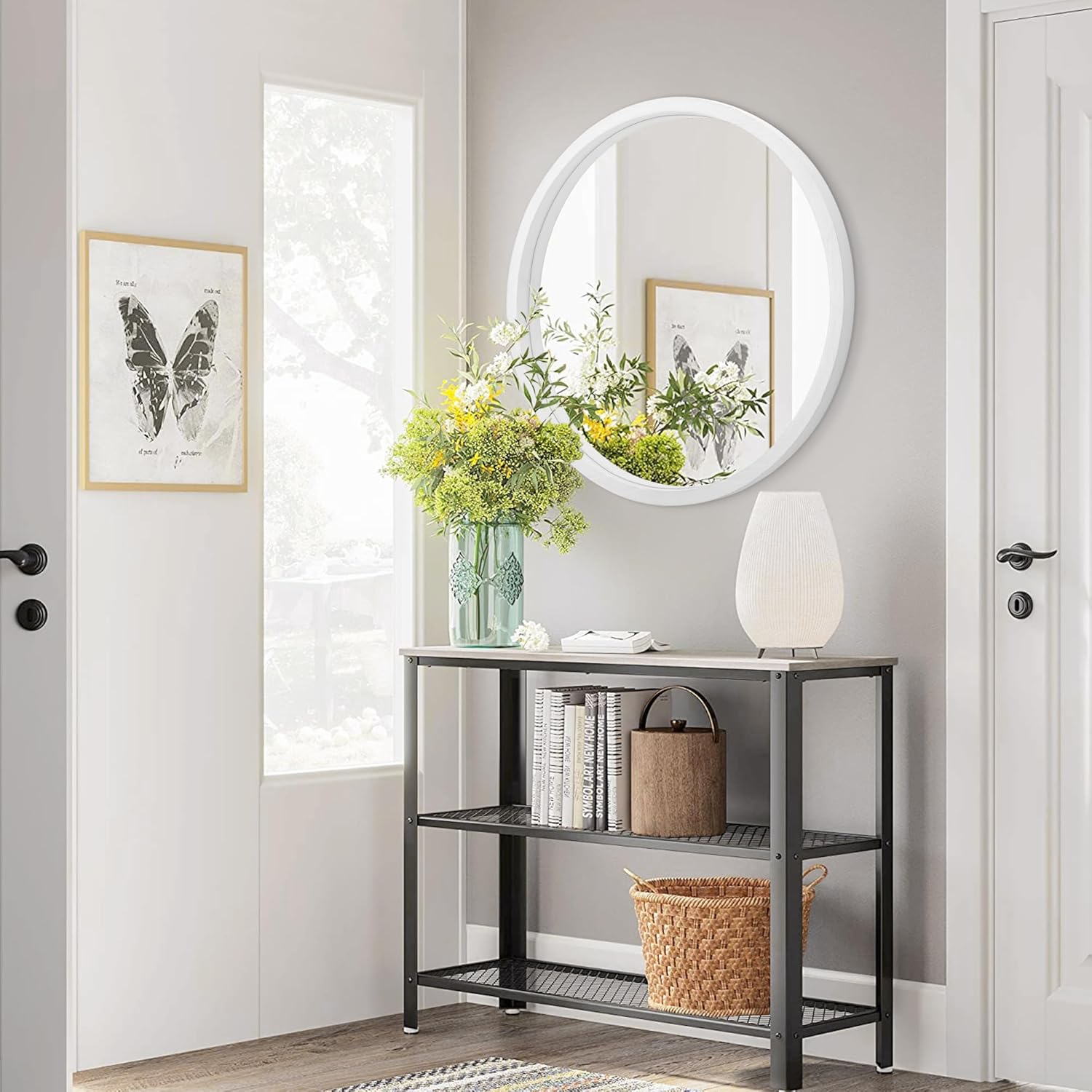 Espejo de pared circular de 20 pulgadas para decoración del hogar, espejo redondo blanco para baño, espejo de marco de madera montado en la pared
