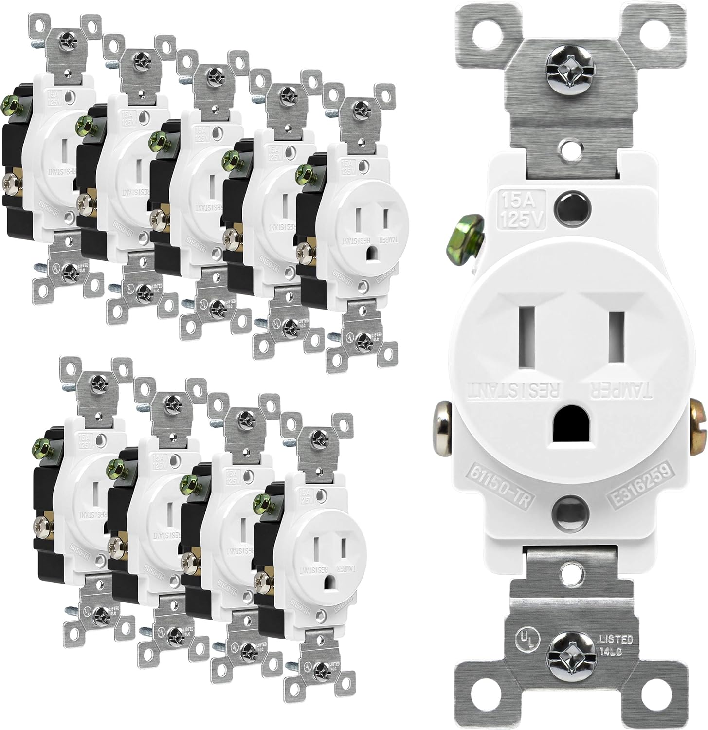ENERLITES Tomacorriente de un solo receptáculo, resistente a manipulaciones, grado comercial, 3 cables, tornillo de puesta a tierra, 2 polos, 5-15R,
