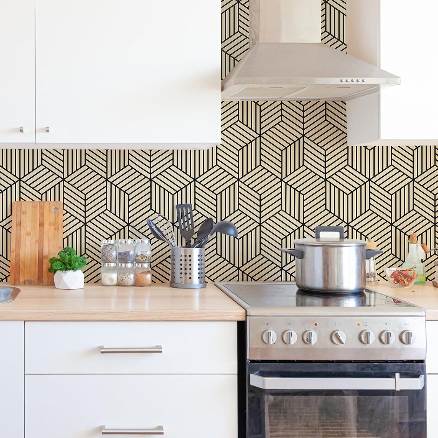 WENMER Papel tapiz hexagonal geométrico de 17.71 pulgadas x 236 pulgadas, papel tapiz de contacto marrón y negro, papel tapiz autoadhesivo