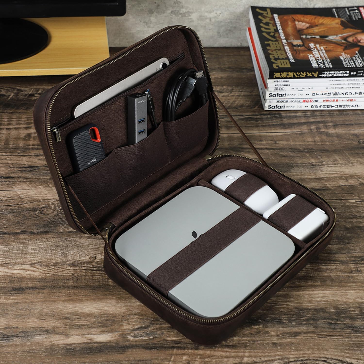 Kit técnico de estuche organizador electrónico, cuero de grano superior, hecho a mano, portátil, compacto, accesorios electrónicos de viaje,