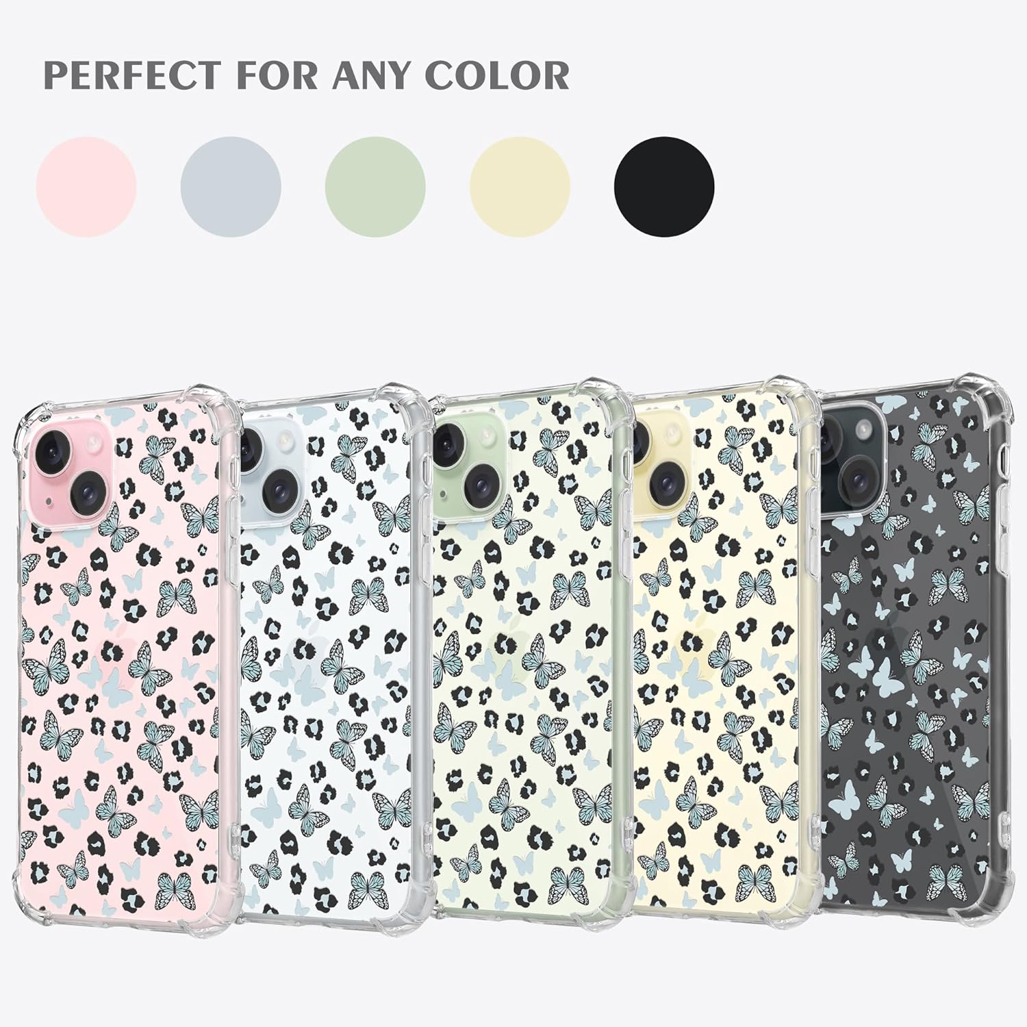 MSEAANBK Funda transparente con manchas de leopardo azul, diseñada para iPhone 15, diseño de mariposa azul, a la moda para niñas y mujeres, 4