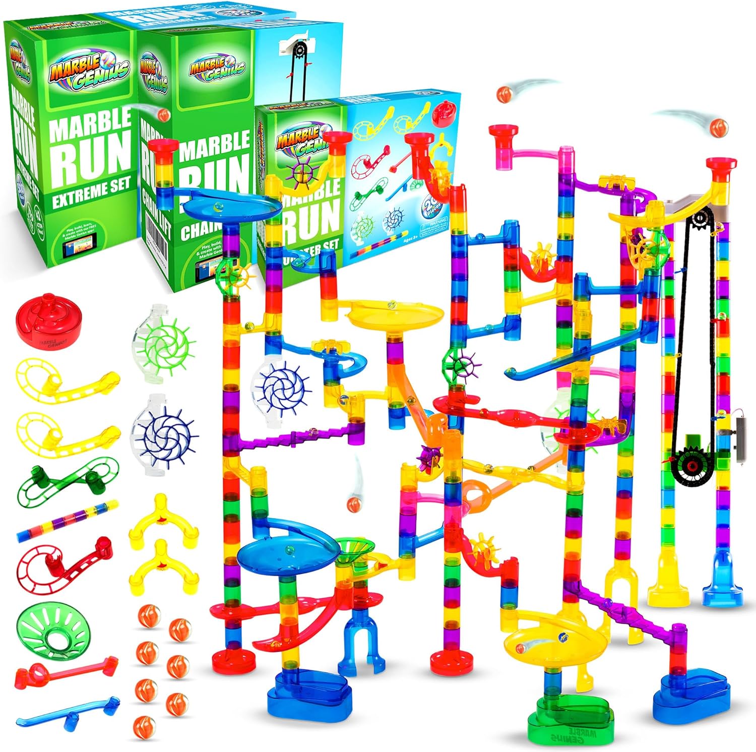 Marble Genius Bundle Extreme Set (300 piezas), elevación automática de cadena y, juego de refuerzo primario (20 piezas), pista de laberinto o juegos
