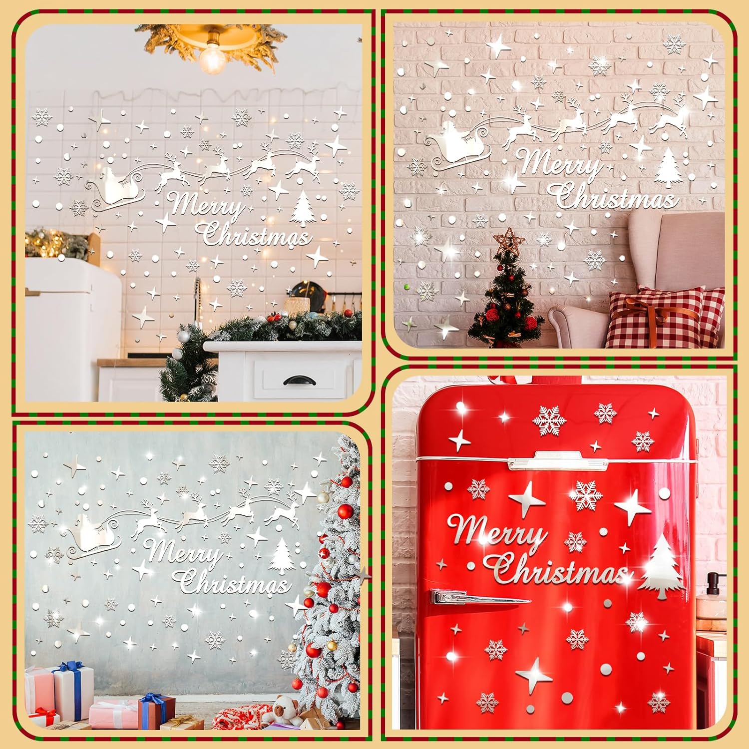 Calcomanías de pared de espejo de Navidad, Feliz Navidad, Papá Noel, reno, copos de nieve, espejo de ventana, se adhiere a la pared, calcomanías de